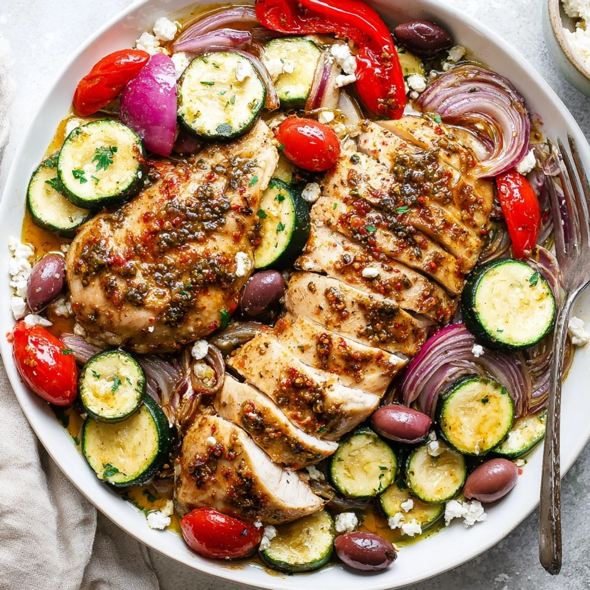 Hot from the oven Sheet Pan Mediterranean Chicken Zucchini with warm pita, pan juices