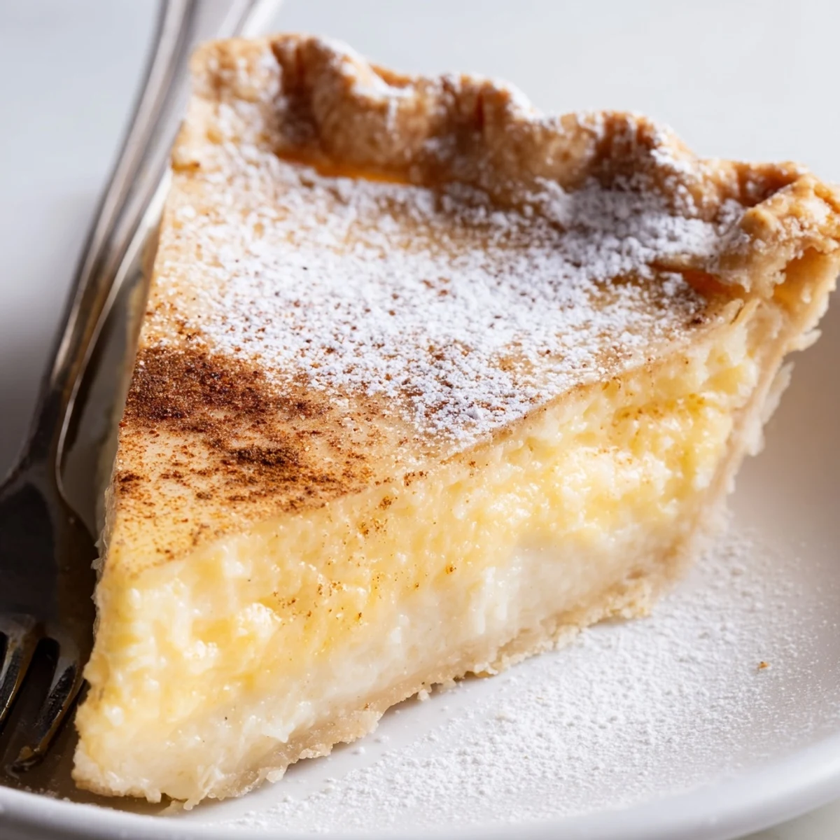 Warm Christmas Eve Custard Pie With Cinnamon Vanilla, silky filling topped with powdered sugar