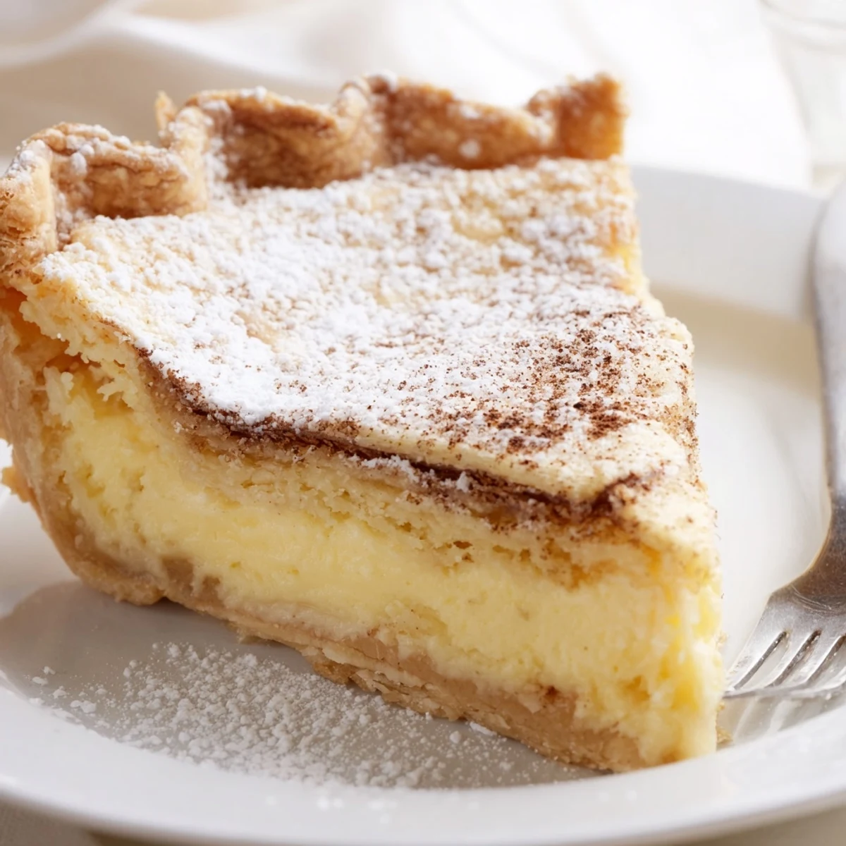 Sliced Christmas Eve Custard Pie With Cinnamon Vanilla on plate, creamy, warmly spiced