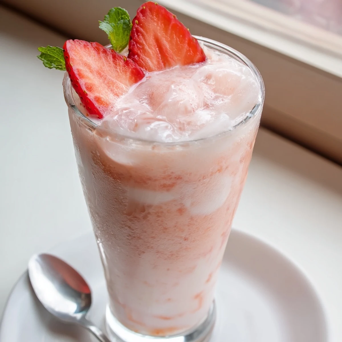 Strawberry Coconut Cooler Recipe in chilled glasses with frothy pink foam  