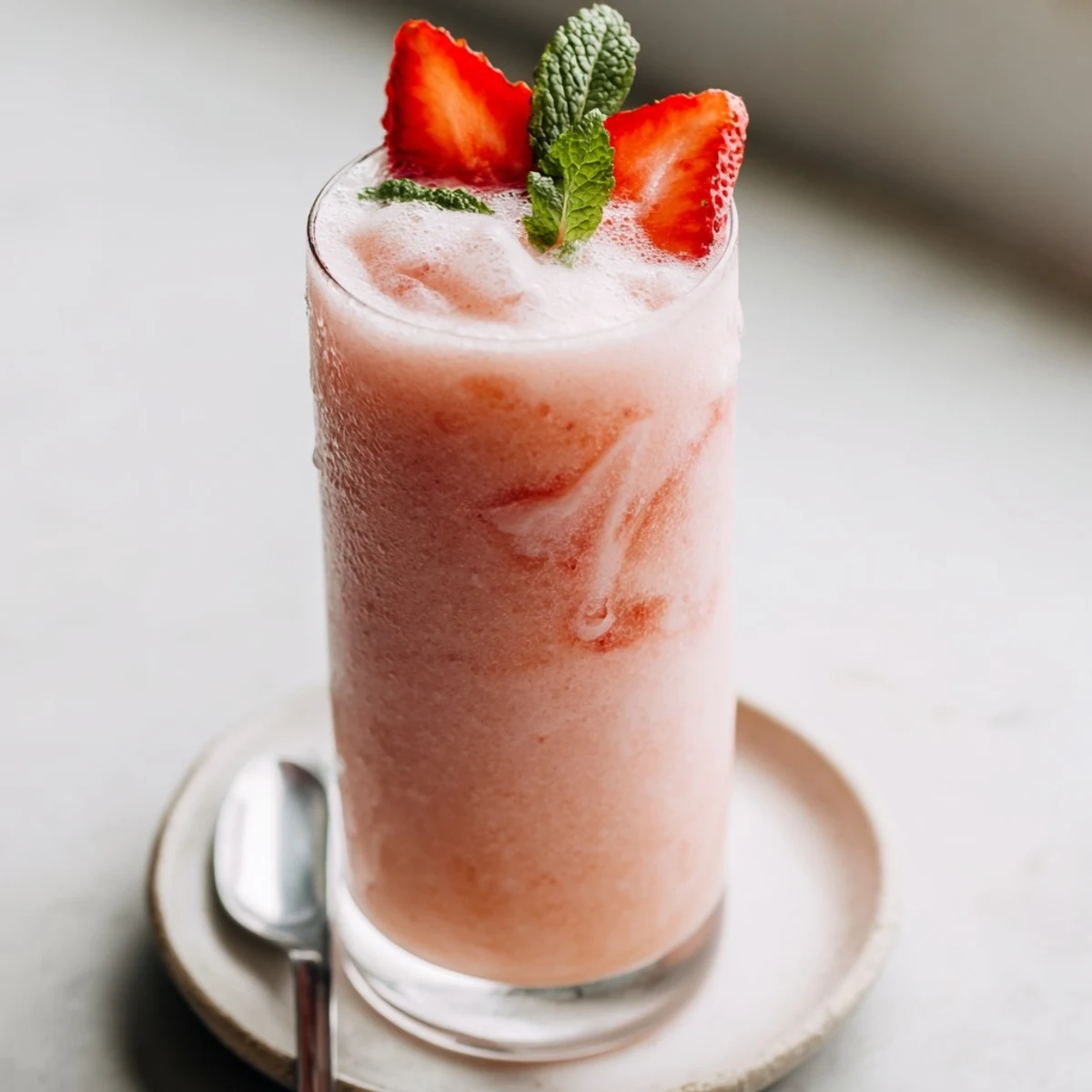 Homemade Strawberry Coconut Cooler Recipe garnished with mint and sliced strawberries  