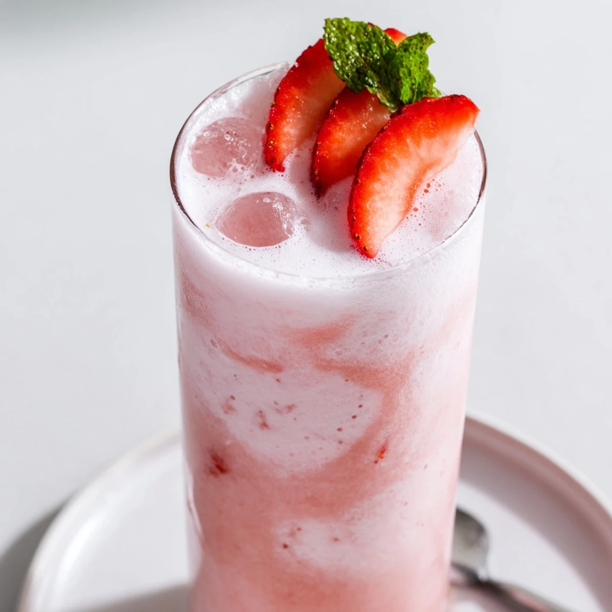 Creamy Strawberry Coconut Cooler Recipe blended with lime, ice, tropical aroma