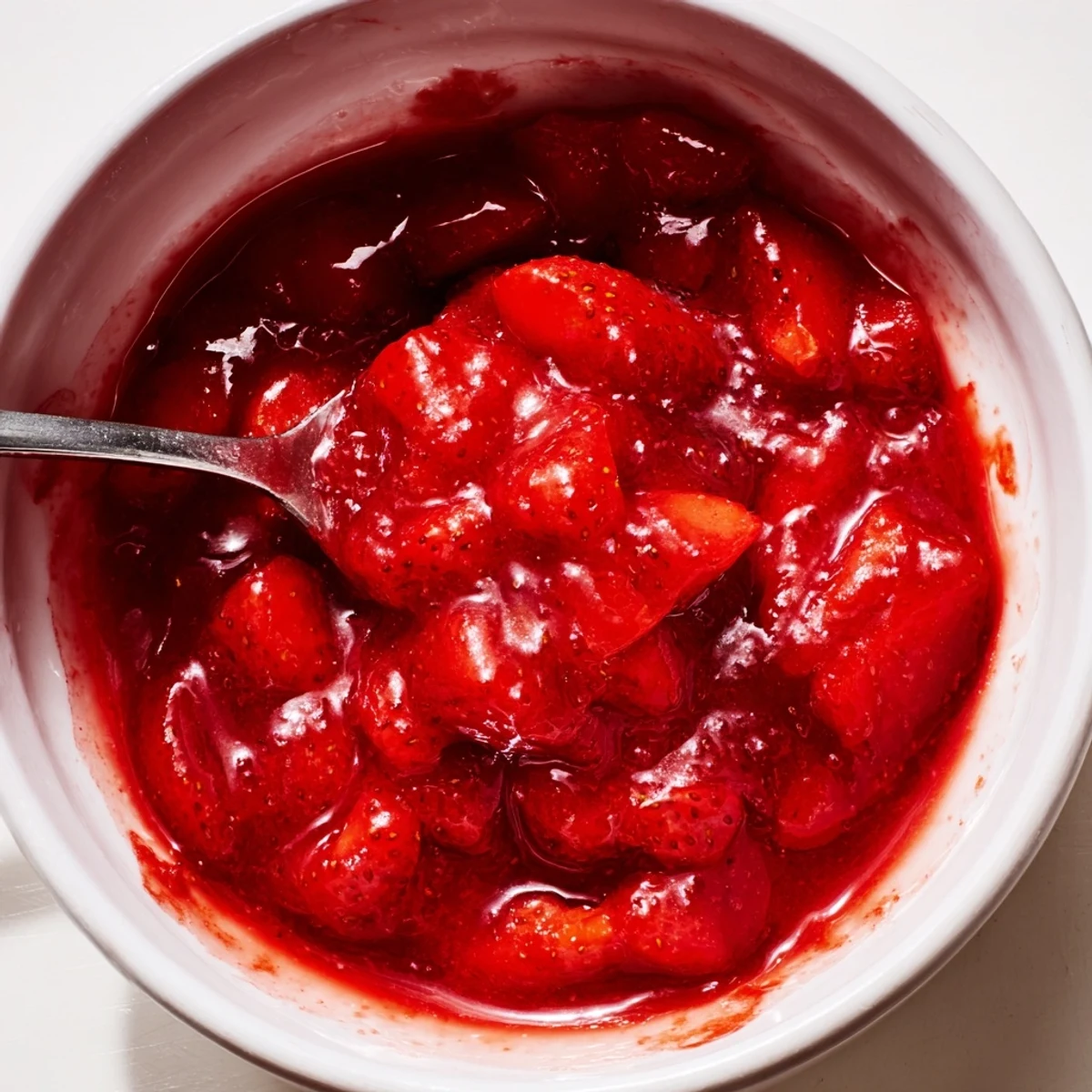 Strawberry Cake Filling Recipe showing glossy ruby filling cooling in saucepan