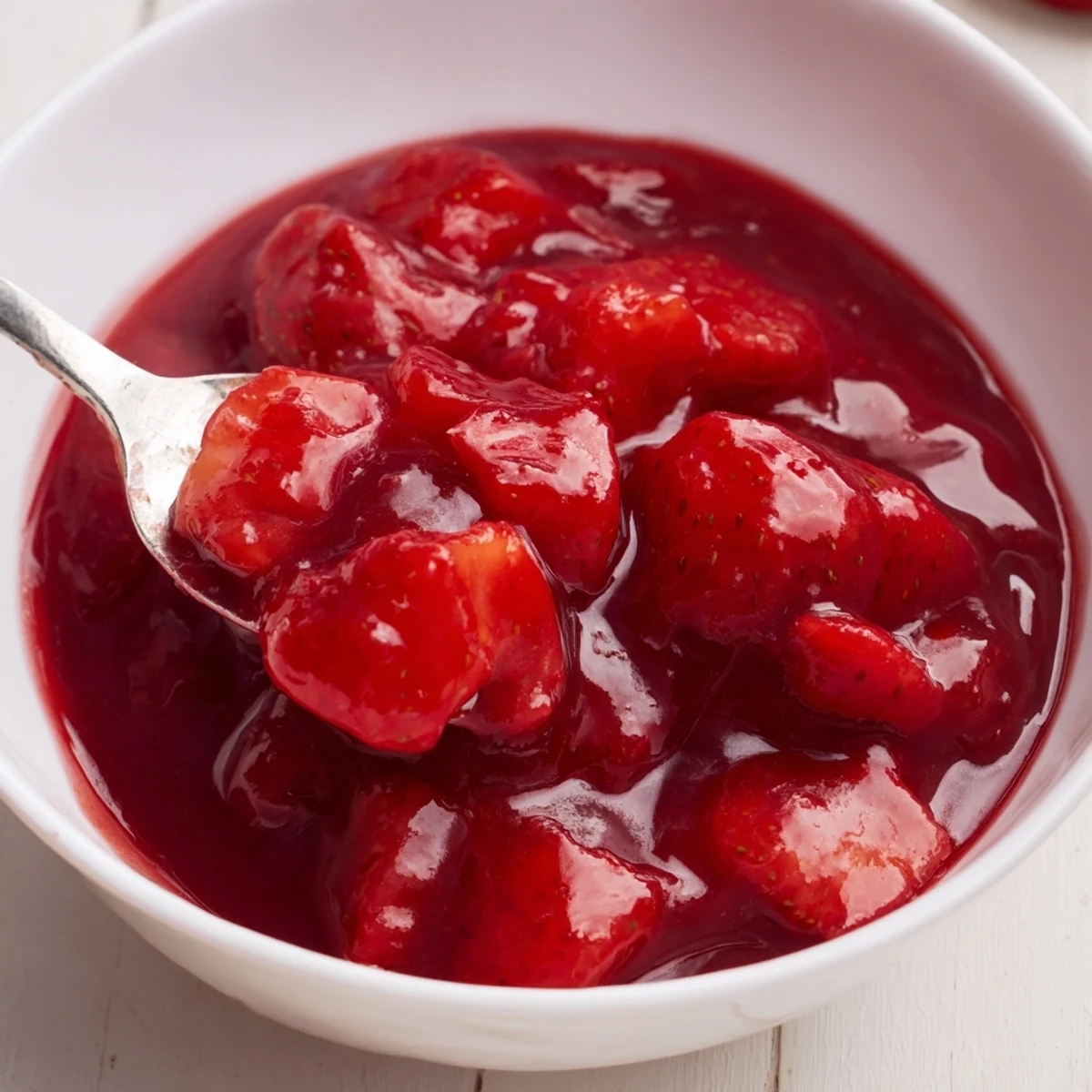 Strawberry Cake Filling Recipe spooned between cake layers, sweet scent wafting