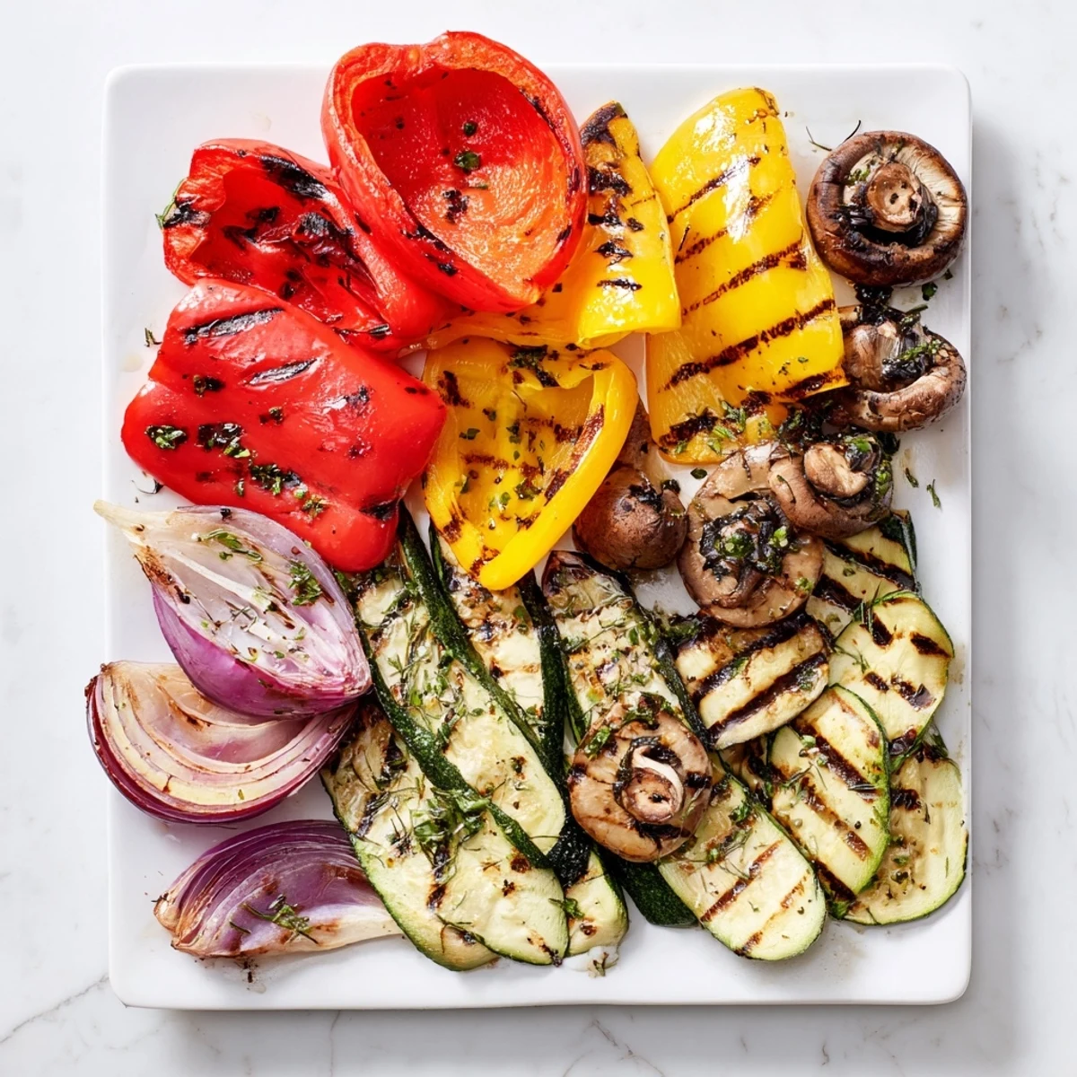 Colorful char-grilled summer vegetables with zesty herb marinade on serving platter