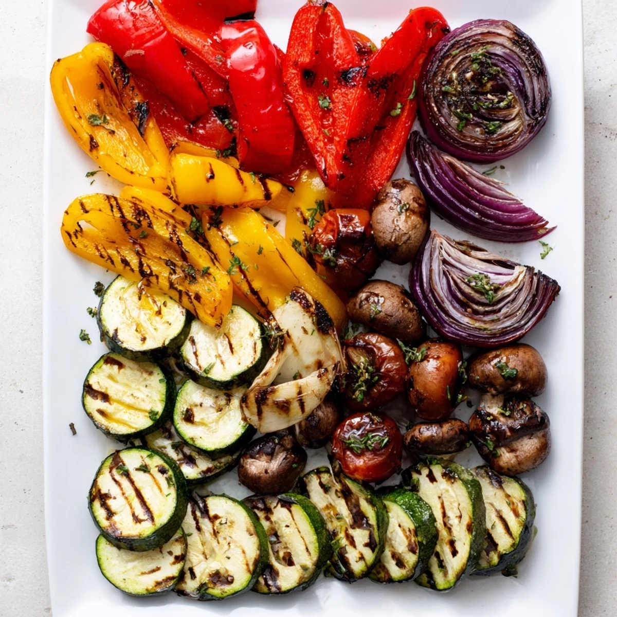 BBQ grilled vegetables marinated in balsamic dressing with char marks and fresh herbs
