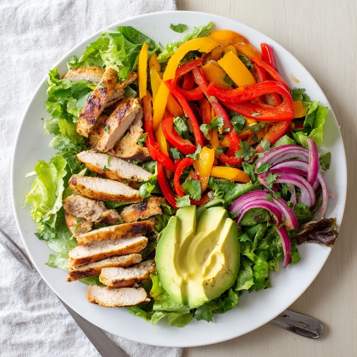 Fresh grilled chicken fajita salad bowl with juicy spiced chicken, crisp vegetables, and zesty lime dressing