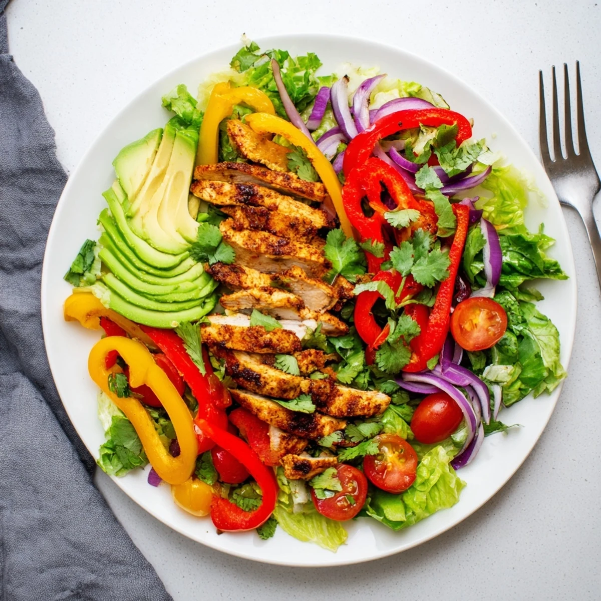 Healthy grilled chicken fajita salad plated with marinated chicken breast, colorful peppers, onions, and creamy avocado slices