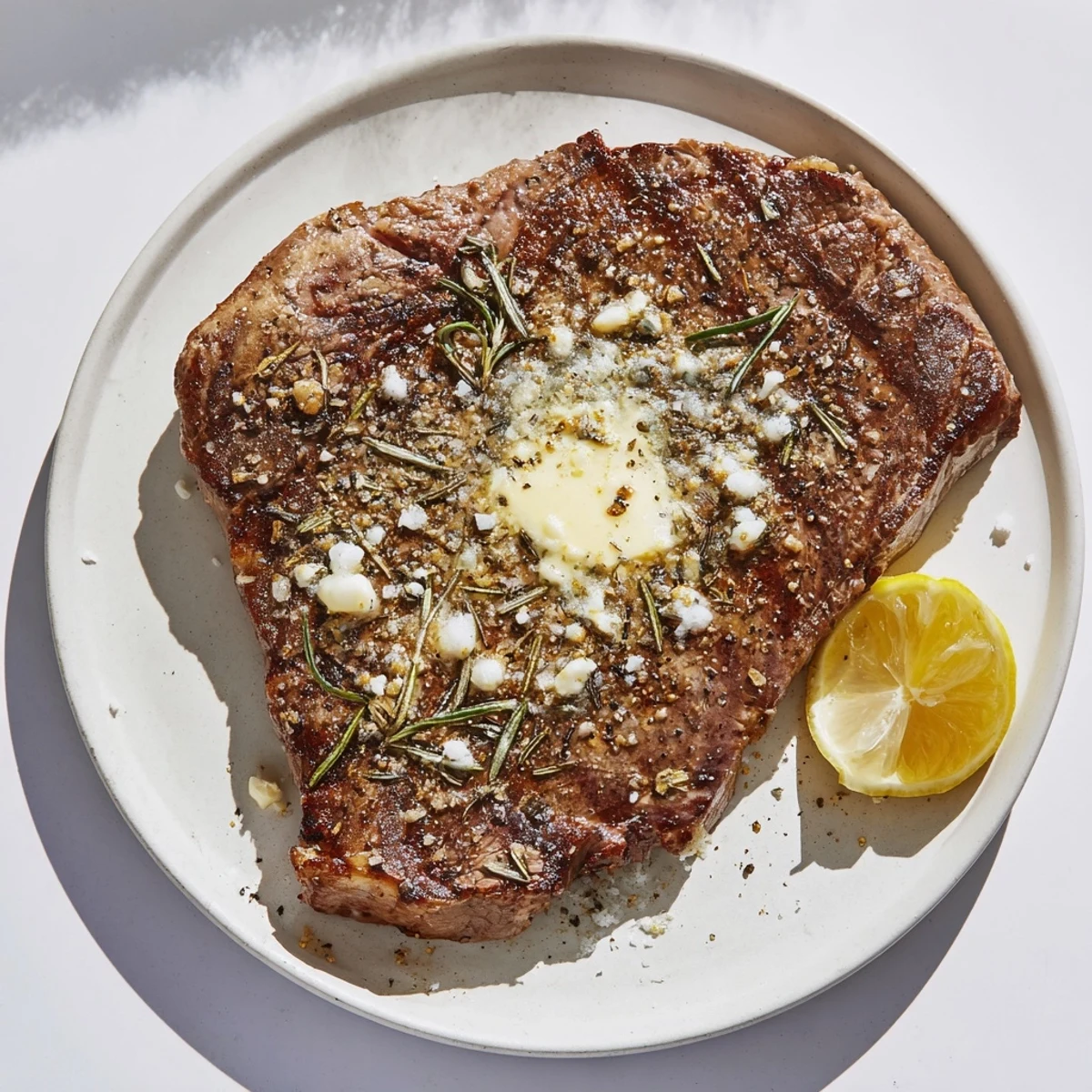 Sizzling hot how to grill steak recipe finished with melting butter and fresh herbs on a cast iron platter