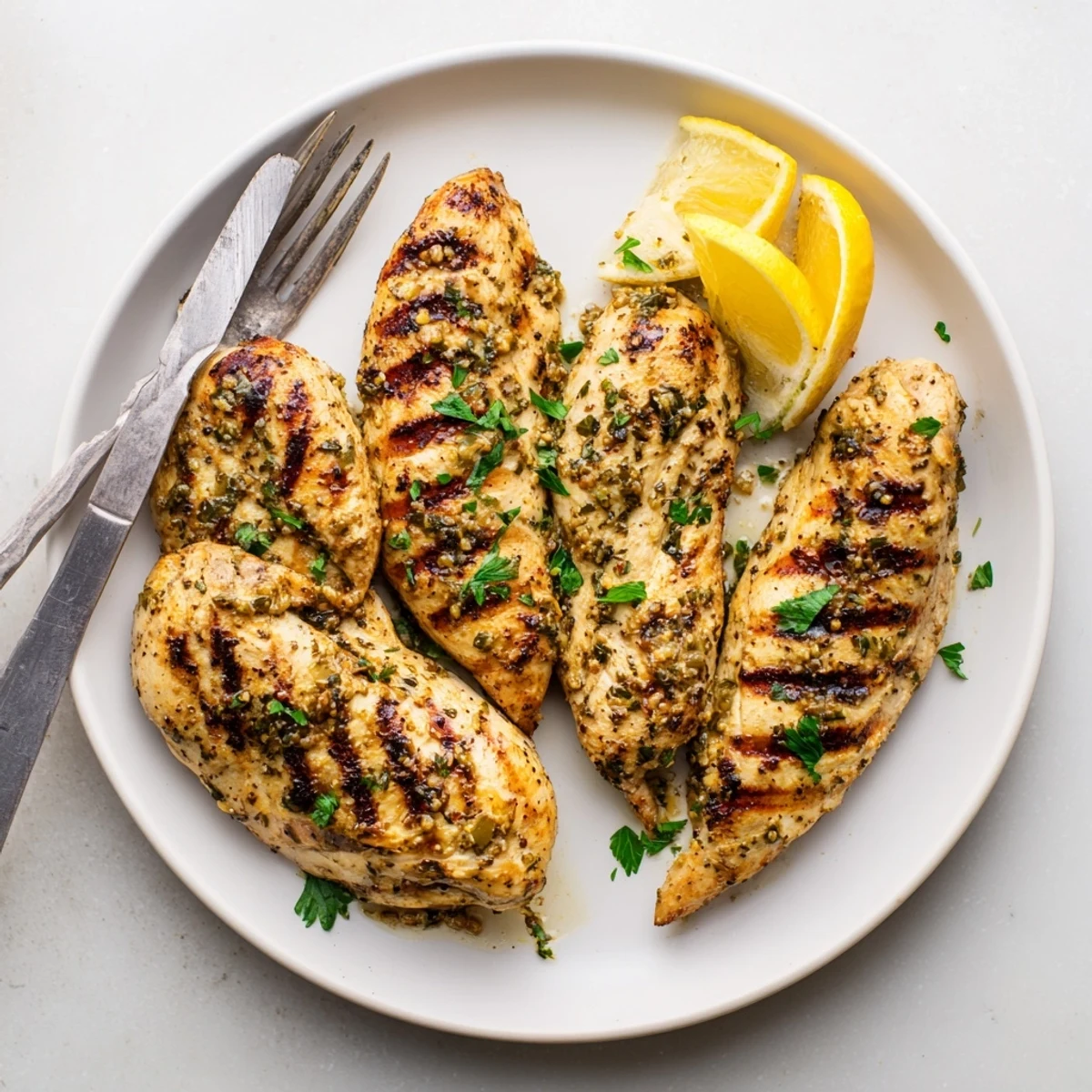 Golden brown grilled chicken recipe featuring char marks and fresh herb garnish on a white plate