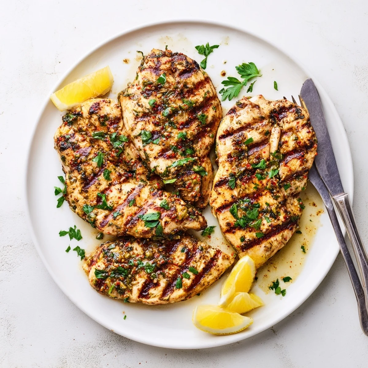 Juicy herb-marinated grilled chicken recipe resting on a cutting board with lemon wedges nearby