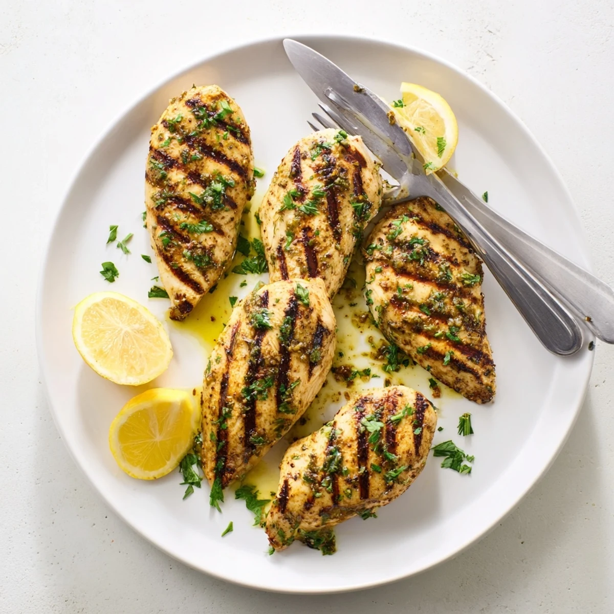 Perfectly cooked grilled chicken recipe slices showing tender interior with paprika and oregano seasoning