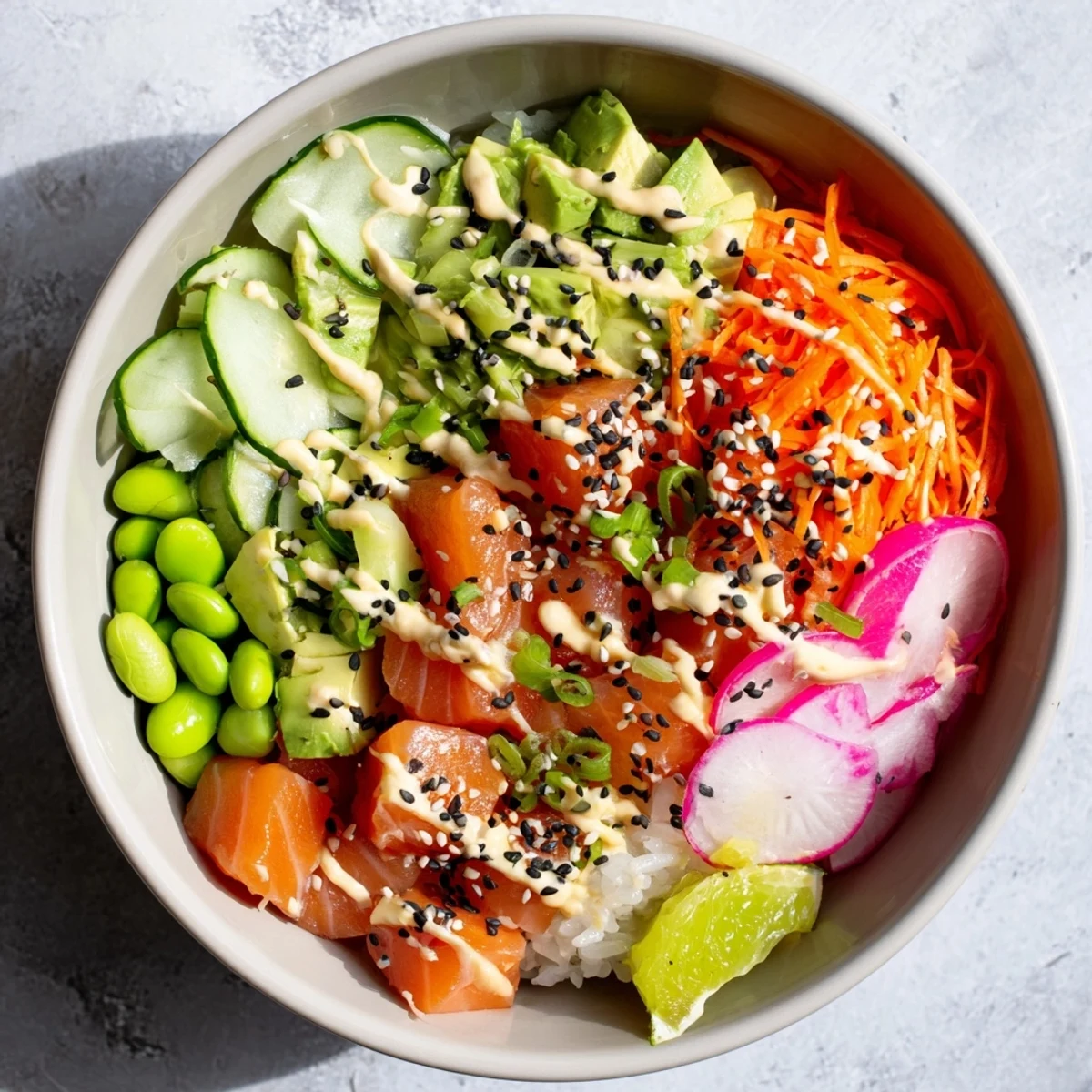 Vibrant salmon and avocado poke bowl with fresh vegetables, sesame seeds, and savory marinade over seasoned rice