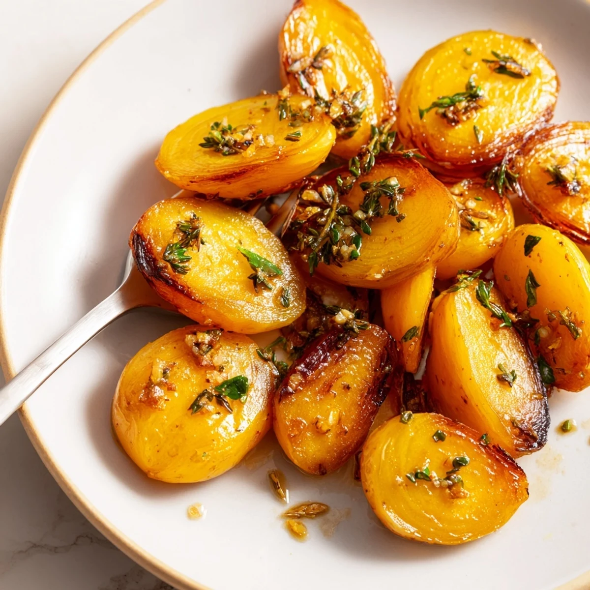 Golden brown roasted radishes with garlic and herbs arranged on a white serving plate