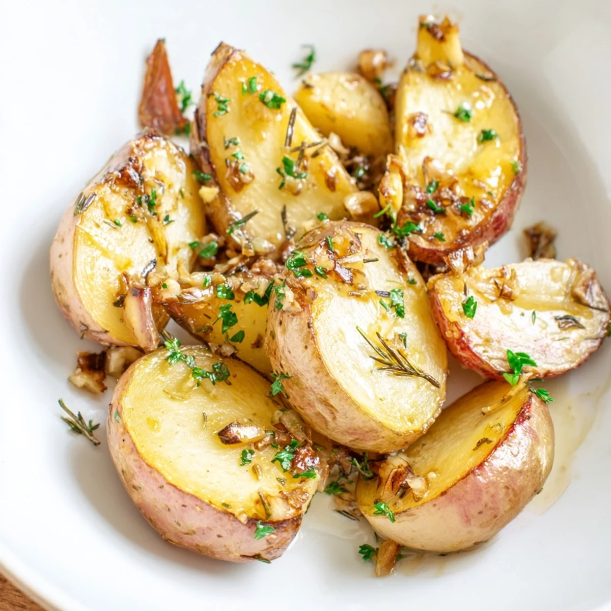 Savory halved radishes caramelized in the oven with olive oil and minced garlic