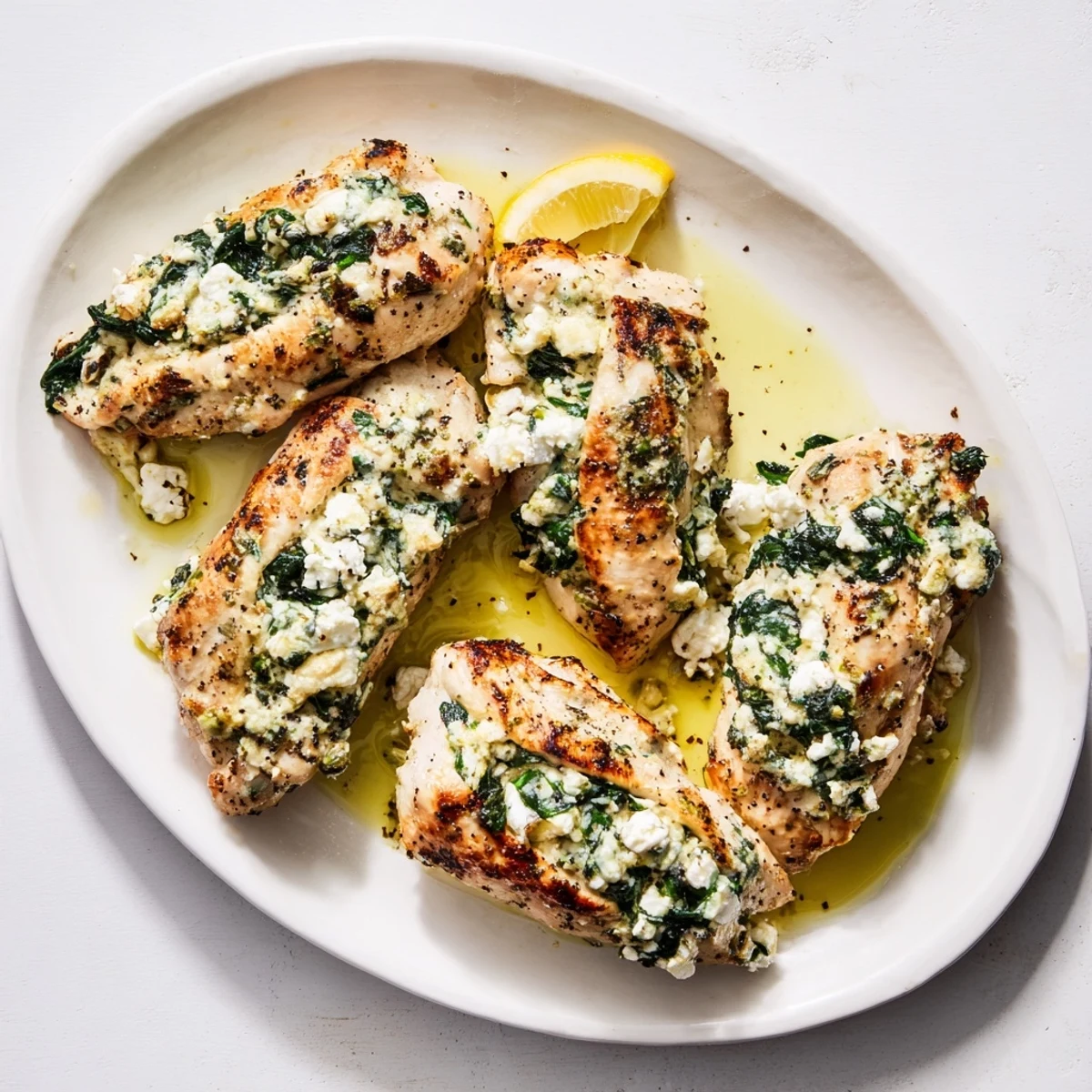 Golden baked chicken breast stuffed with feta and spinach on white plate