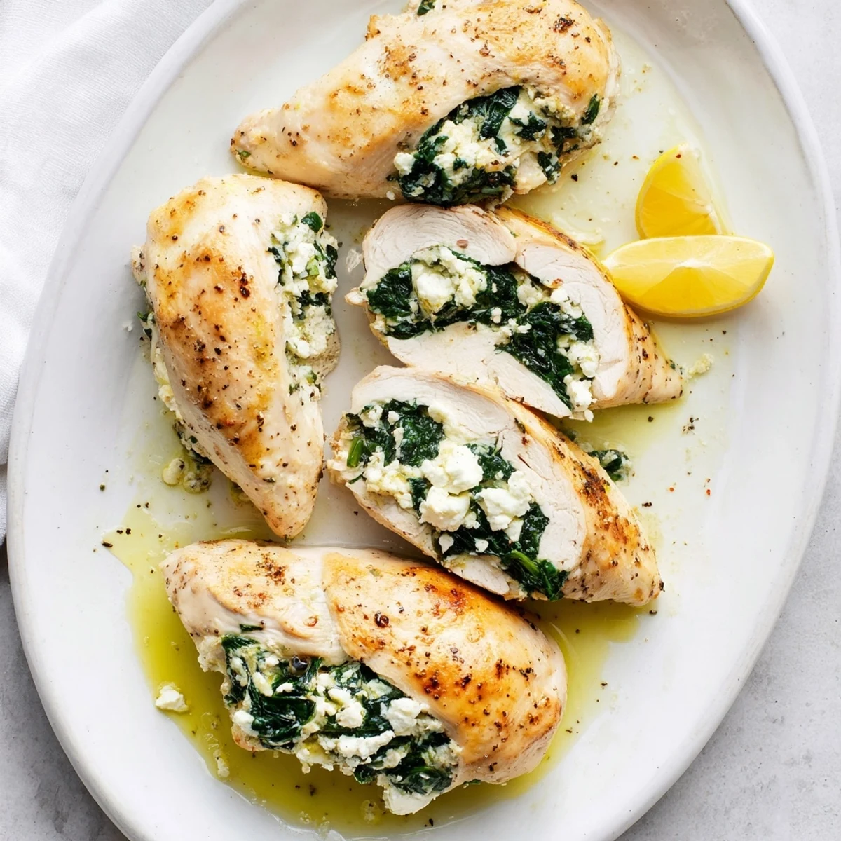 Juicy Mediterranean chicken breast with creamy feta spinach filling served with lemon