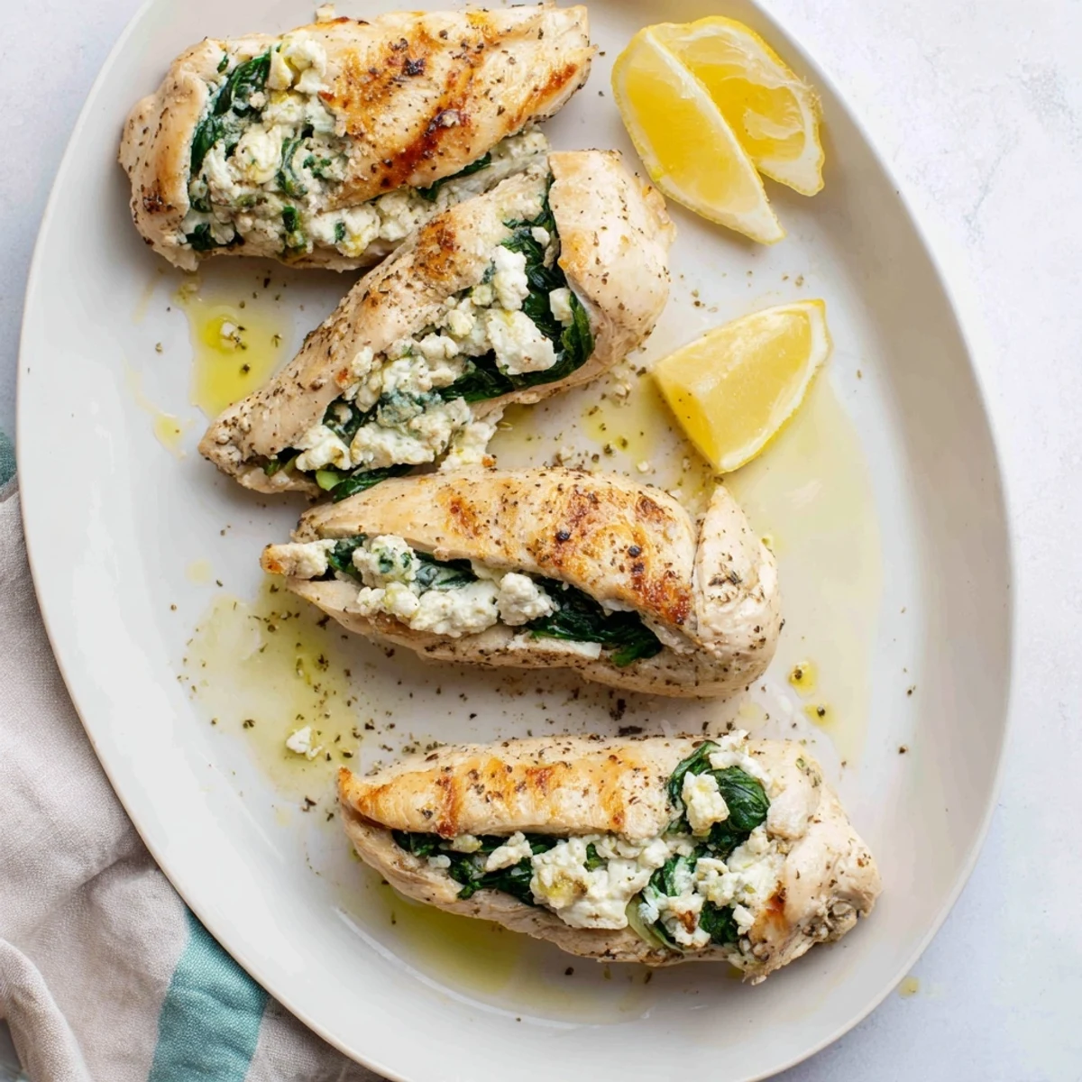 Oven-baked stuffed chicken breast with melted feta cheese and fresh spinach leaves