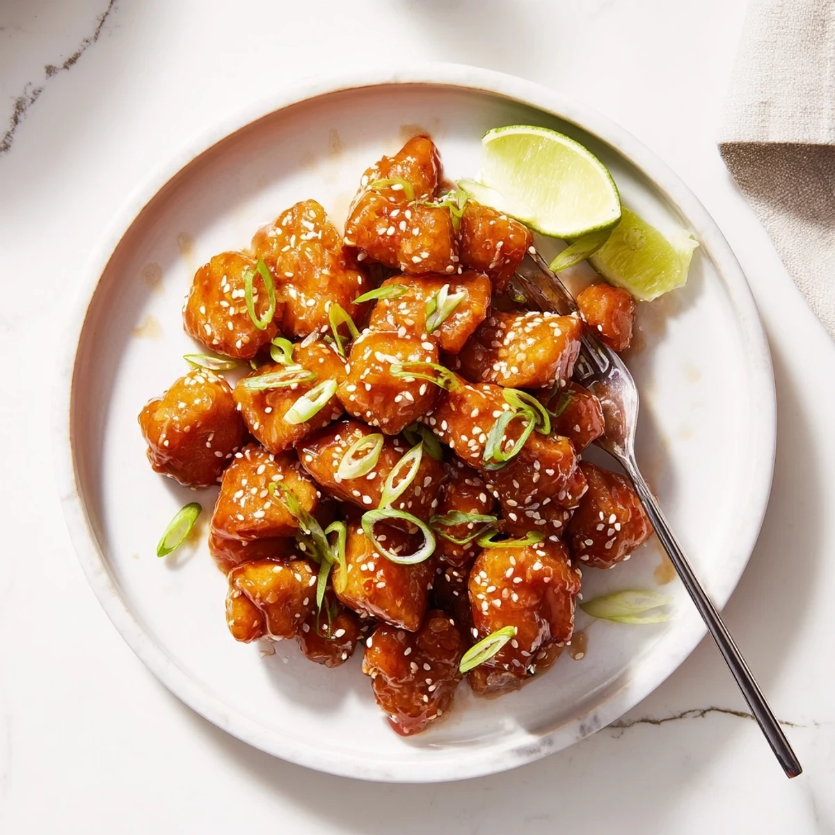 Golden glazed spicy honey Sriracha chicken pieces garnished with sesame seeds and green onions