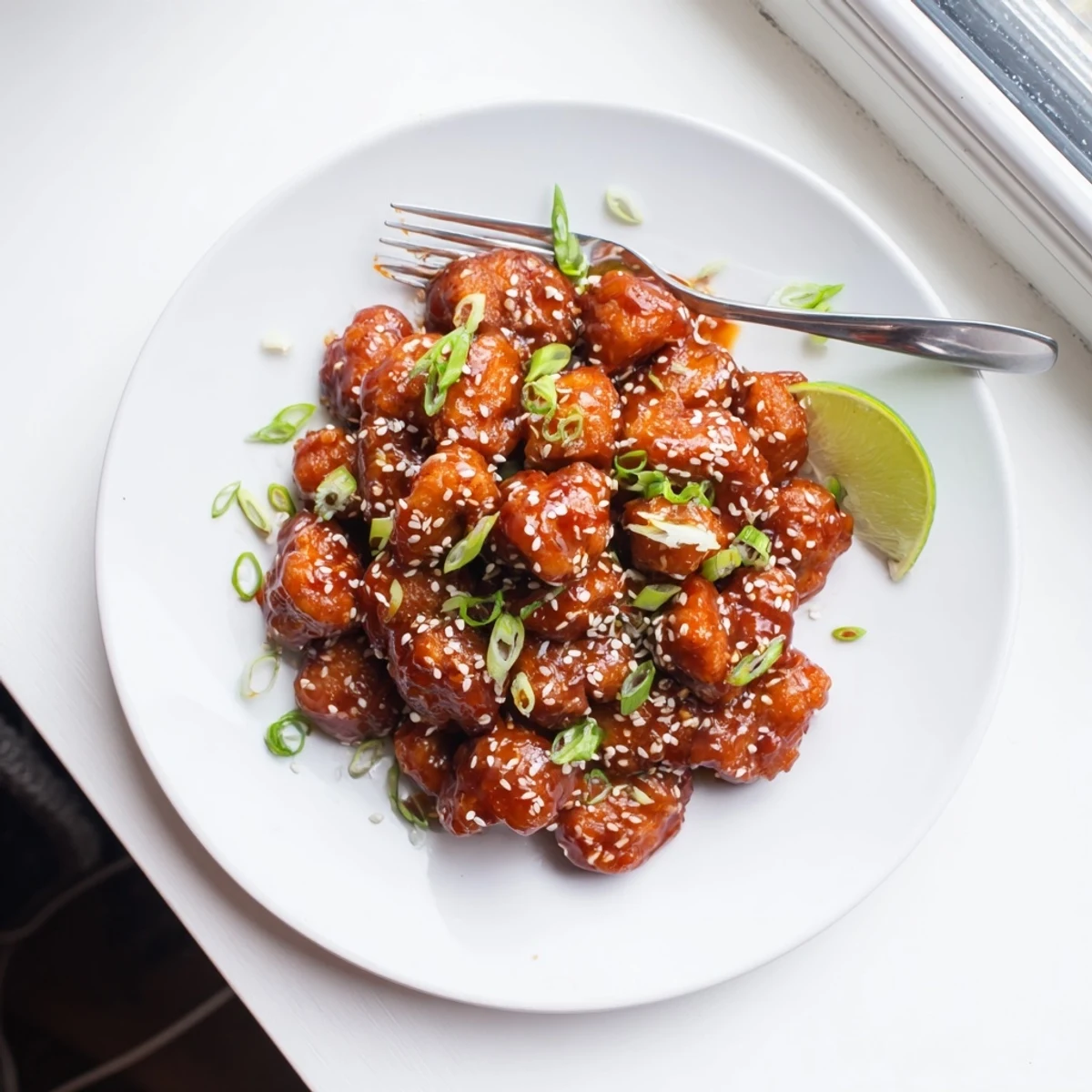 Juicy chicken thighs coated in sticky sweet and spicy honey Sriracha sauce on white plate