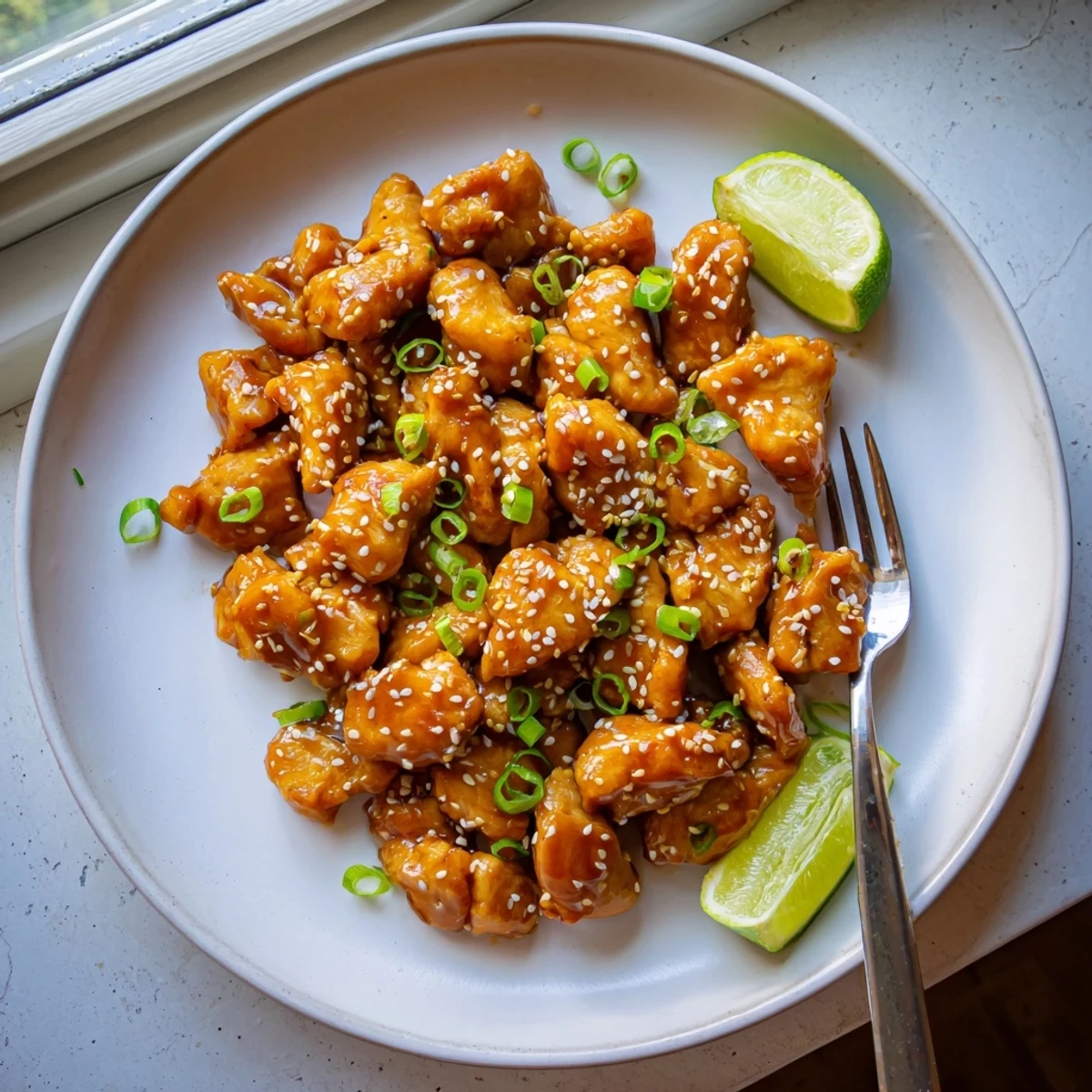 Tender honey Sriracha chicken served with lime wedges and toasted sesame seed topping