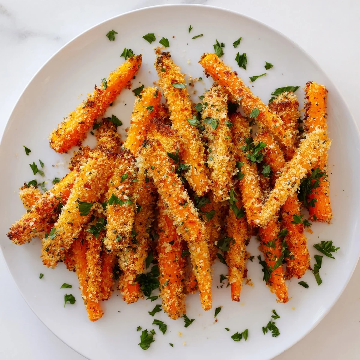 Golden roasted Parmesan carrots arranged on a white serving plate with fresh parsley garnish