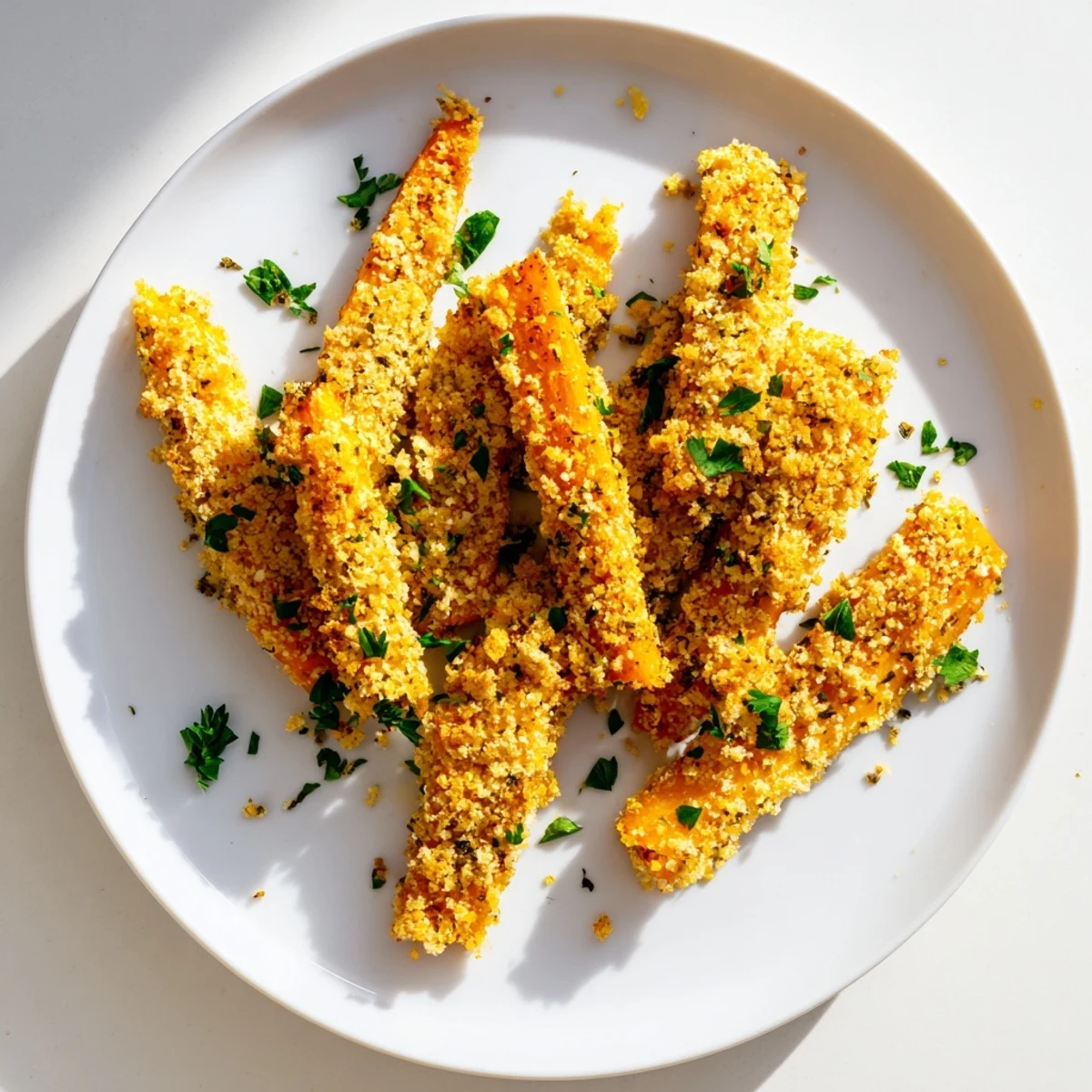 Tender roasted carrot fingers with melted Parmesan topping ready for serving on rustic wooden board