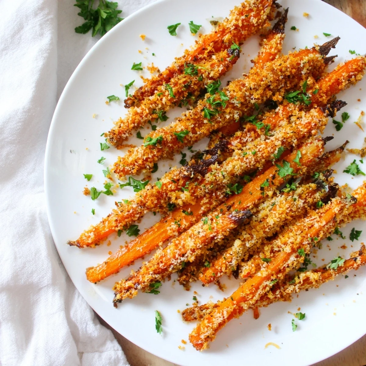 Crispy baked carrot sticks coated in savory cheese and breadcrumb crust on parchment paper