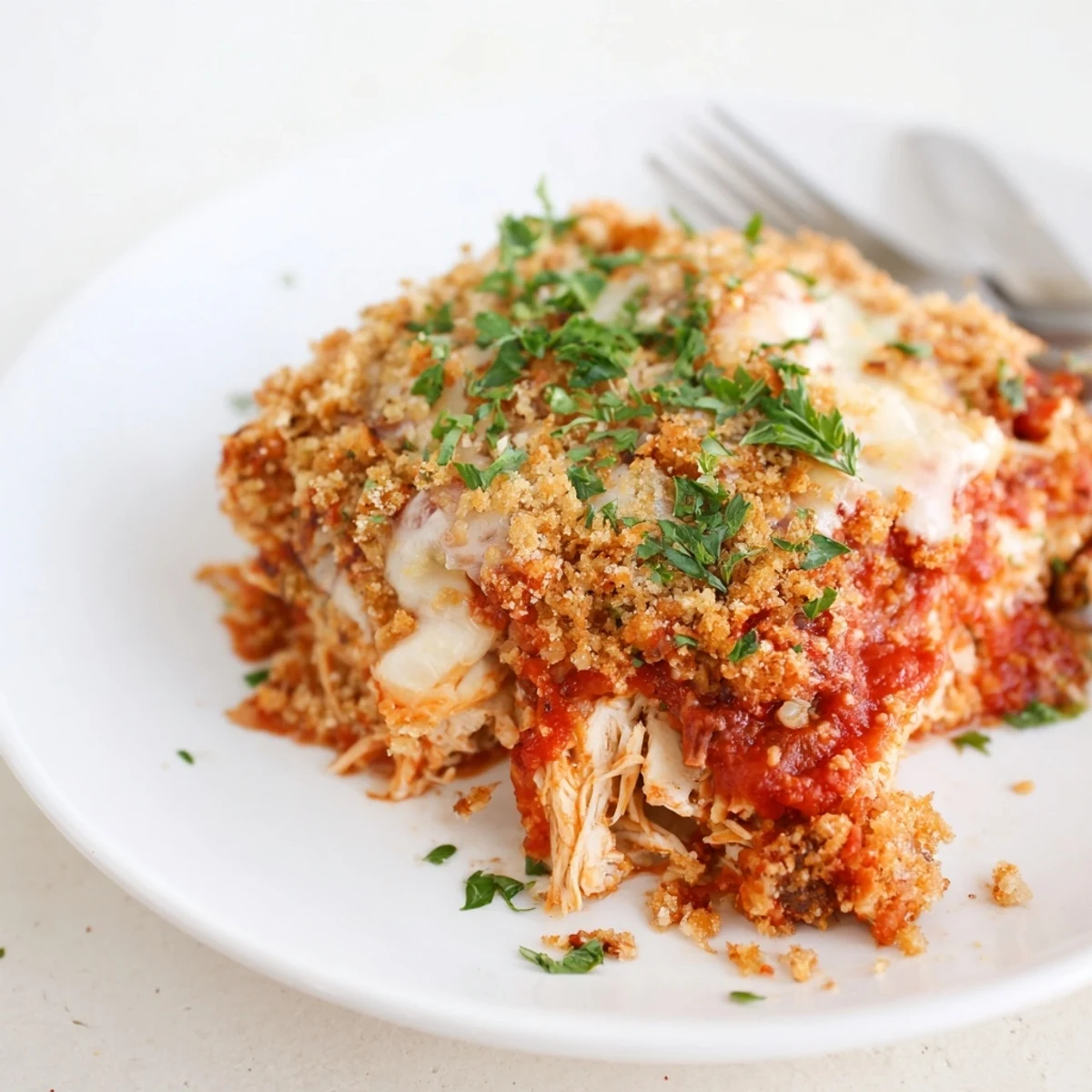 Golden Chicken Parmesan Casserole with bubbling marinara sauce and melted mozzarella cheese topping