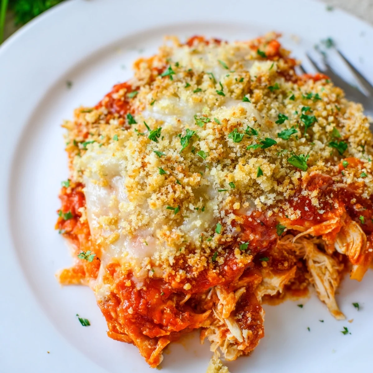 Comforting Chicken Parmesan Casserole featuring tender chicken in red sauce with buttery panko crumbs