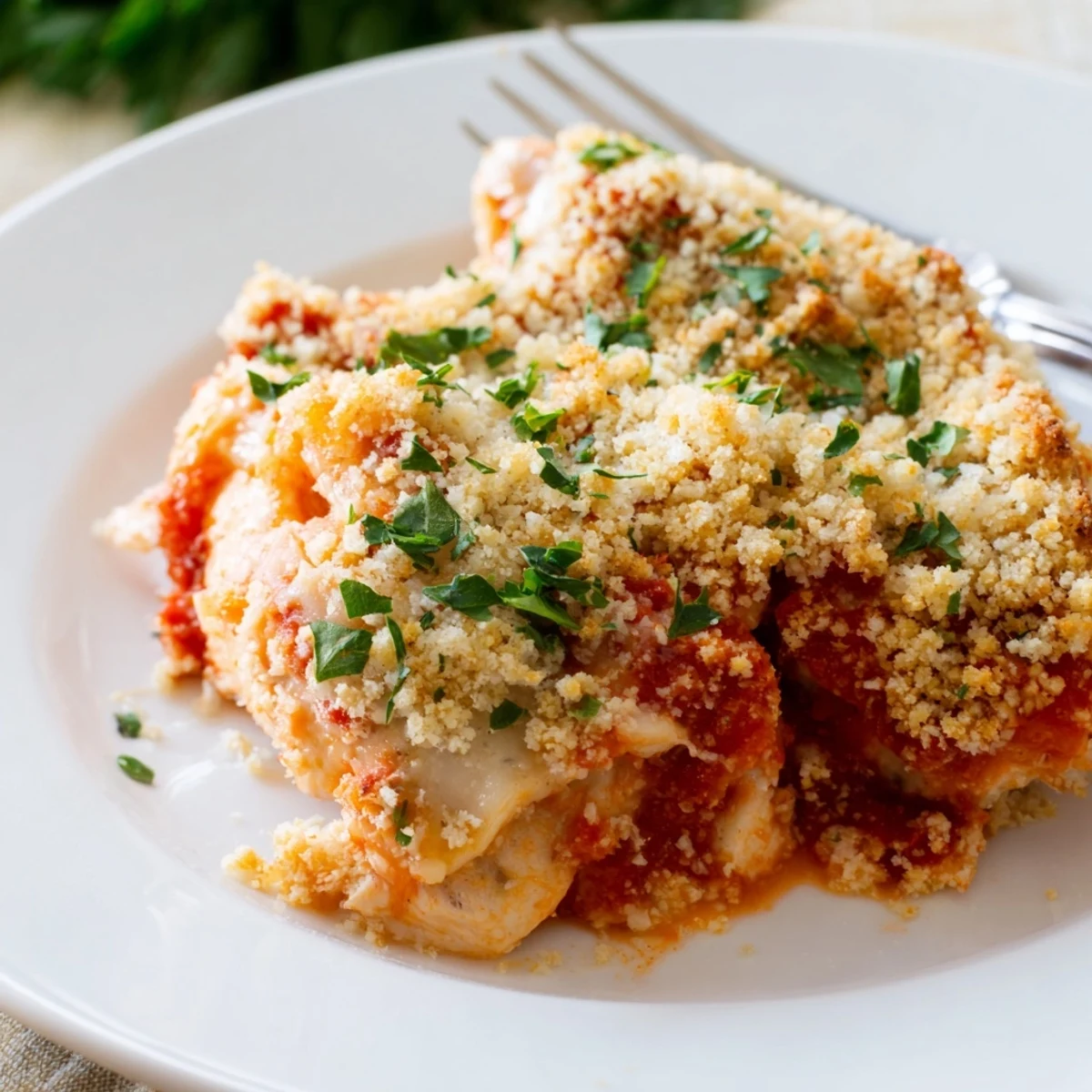 Crispy breadcrumb covered Chicken Parmesan Casserole fresh from oven with gooey cheese layers