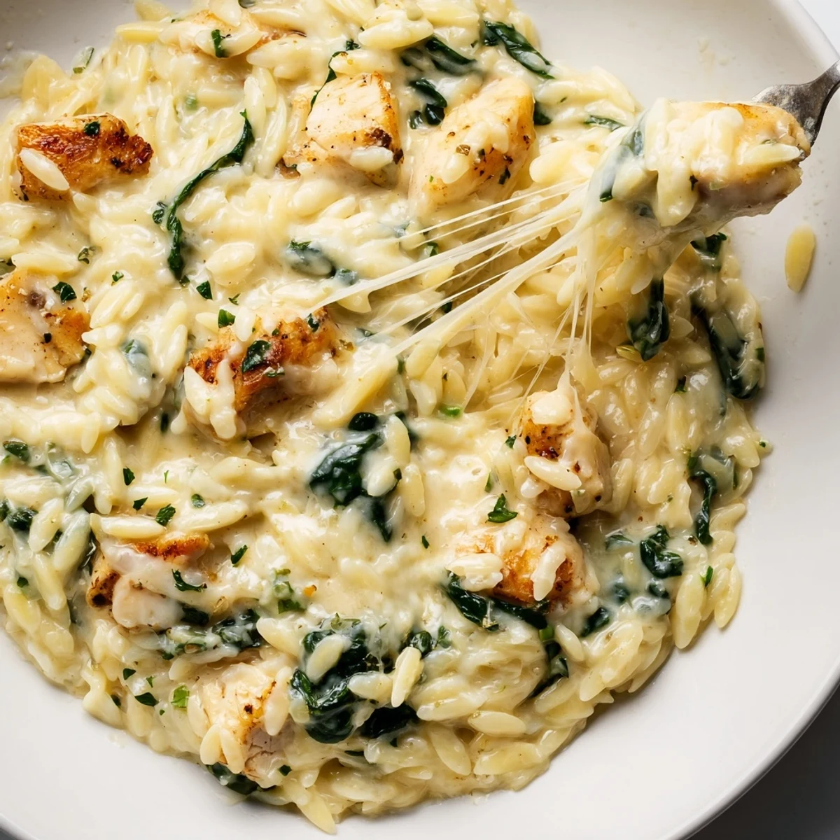 Golden chicken pieces nestled in creamy orzo with melted Pepper Jack cheese and wilted spinach