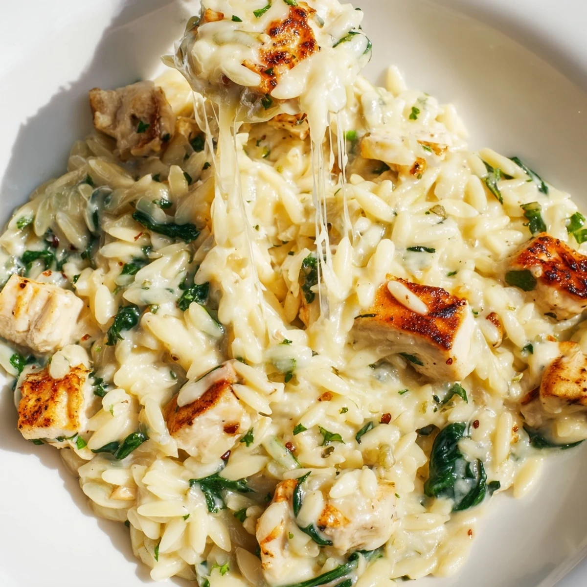 One-pan creamy garlic butter chicken orzo topped with spicy Pepper Jack and fresh parsley garnish