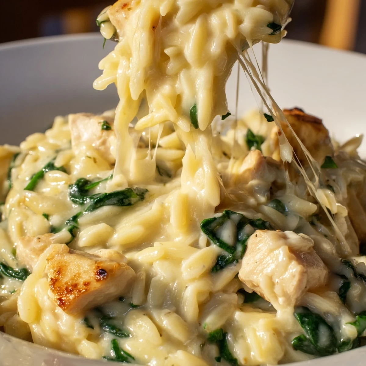 Tender chicken and orzo simmered in rich garlic butter sauce with spinach and melted Pepper Jack