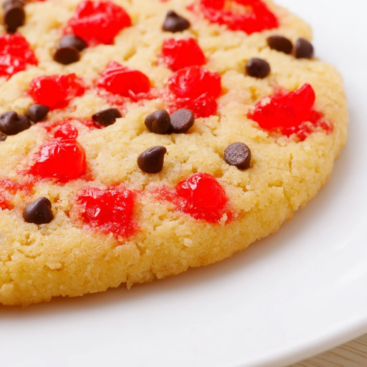 Golden Christmas Maraschino Cherry Shortbread cookies topped with bright red cherry pieces on white plate