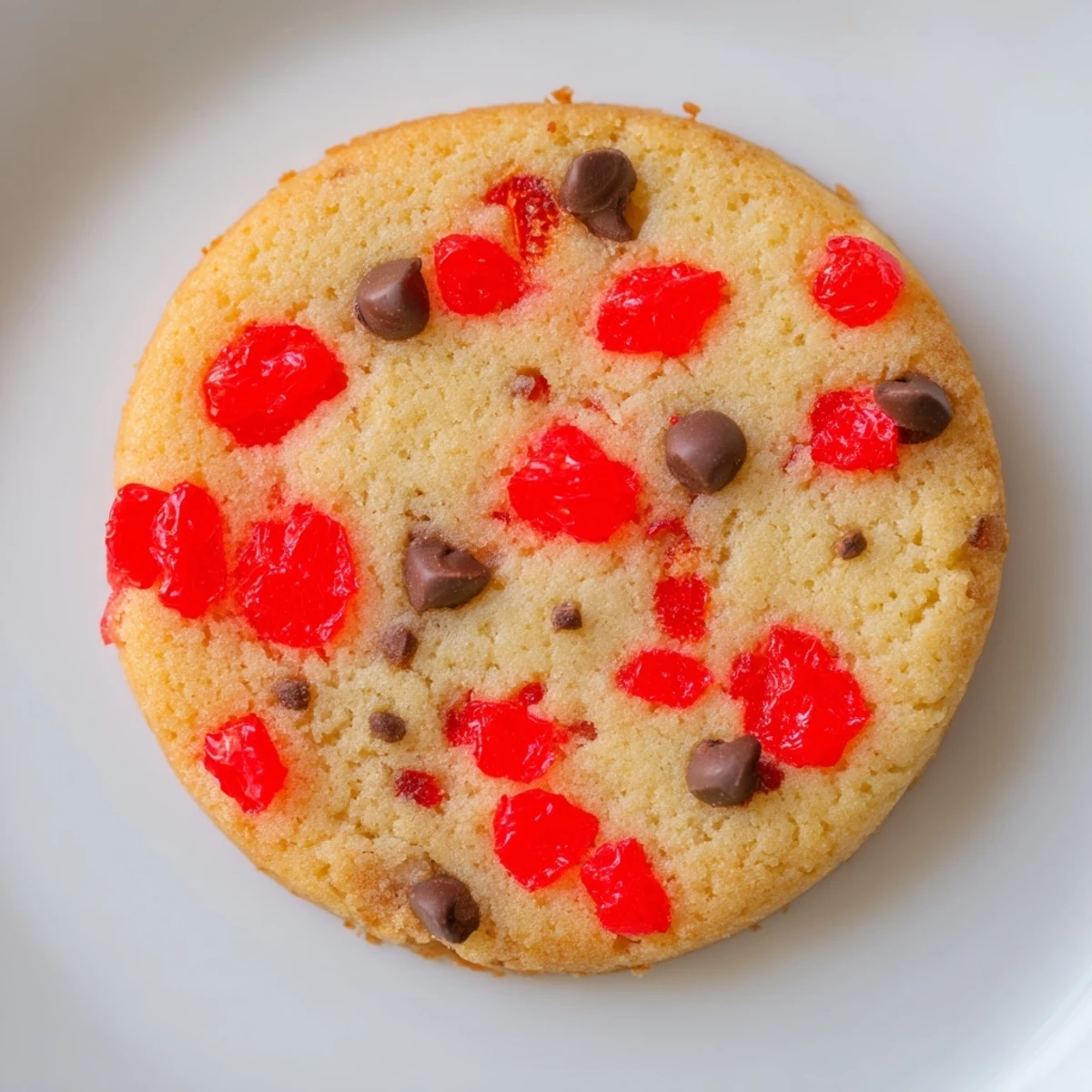 Close-up of tender cherry shortbread cookies with glossy red fruit bits scattered throughout golden crumb