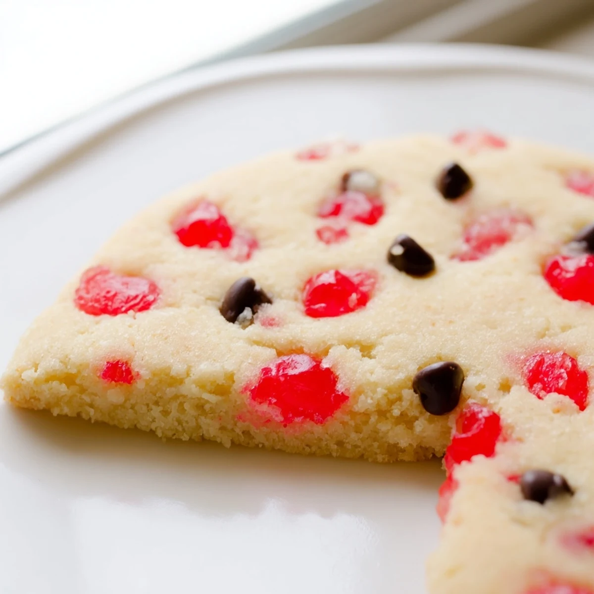 Buttery shortbread rounds studded with crimson maraschino cherries arranged on festive holiday baking sheet
