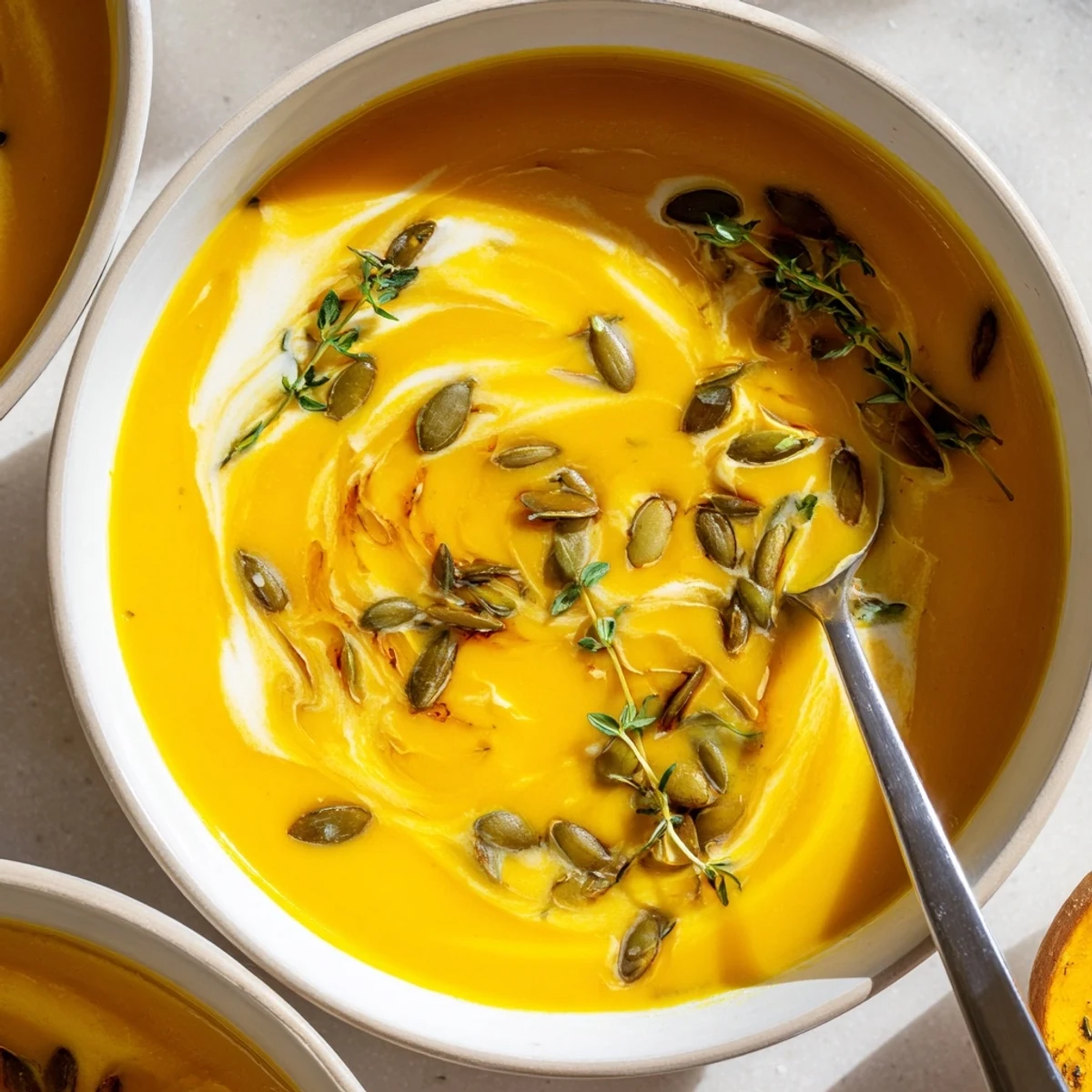 Golden bowl of roasted butternut squash soup garnished with fresh thyme and toasted pumpkin seeds