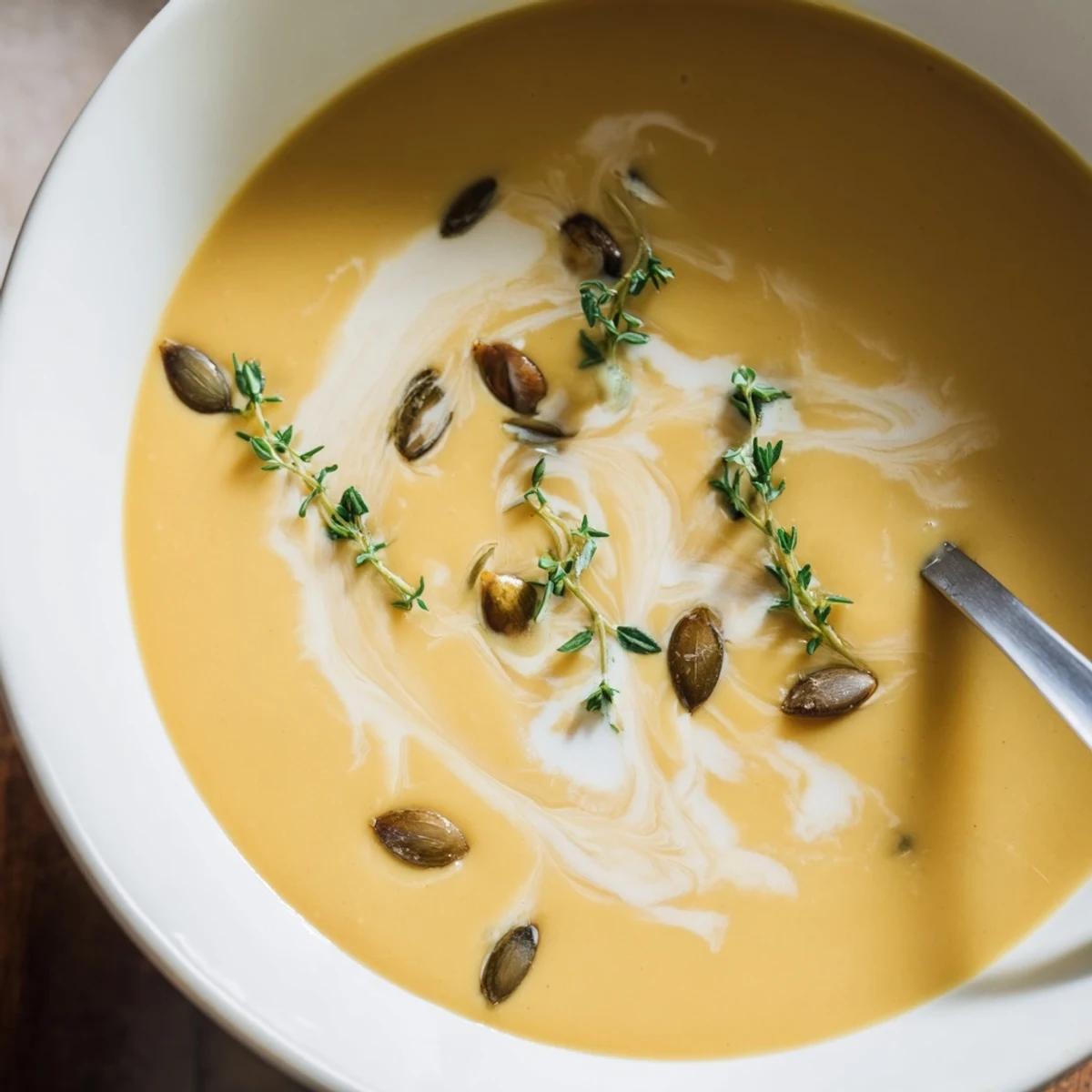 Creamy butternut squash soup featuring caramelized roasted vegetables and a delicate cream swirl