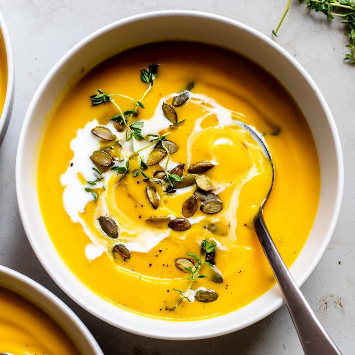 Velvety roasted butternut squash soup served in rustic white bowl with aromatic herbs and seeds