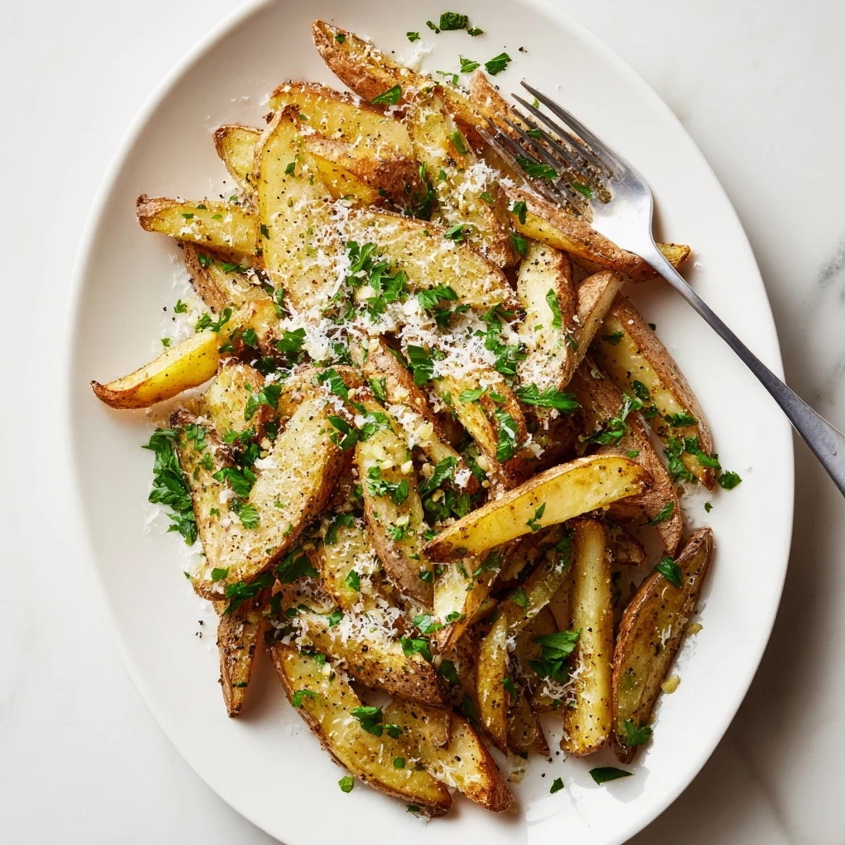 Golden homemade truffle fries topped with freshly grated Parmesan cheese and vibrant parsley sprinkles