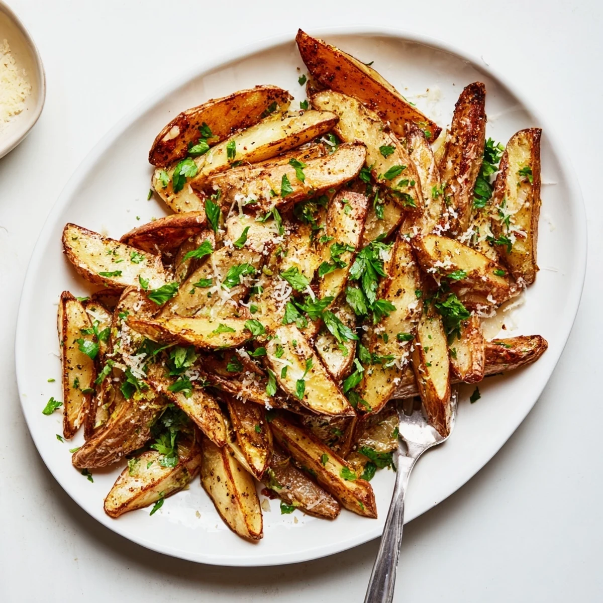 Steaming bowl of golden truffle fries crowned with grated Parmesan and black pepper