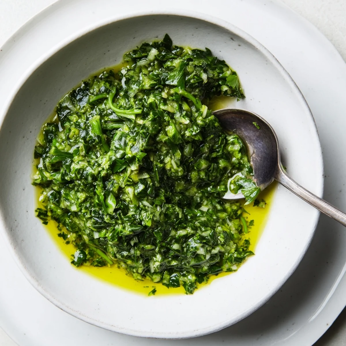 Vibrant green garlic scape chimichurri sauce drizzled generously over juicy grilled steak and roasted vegetables