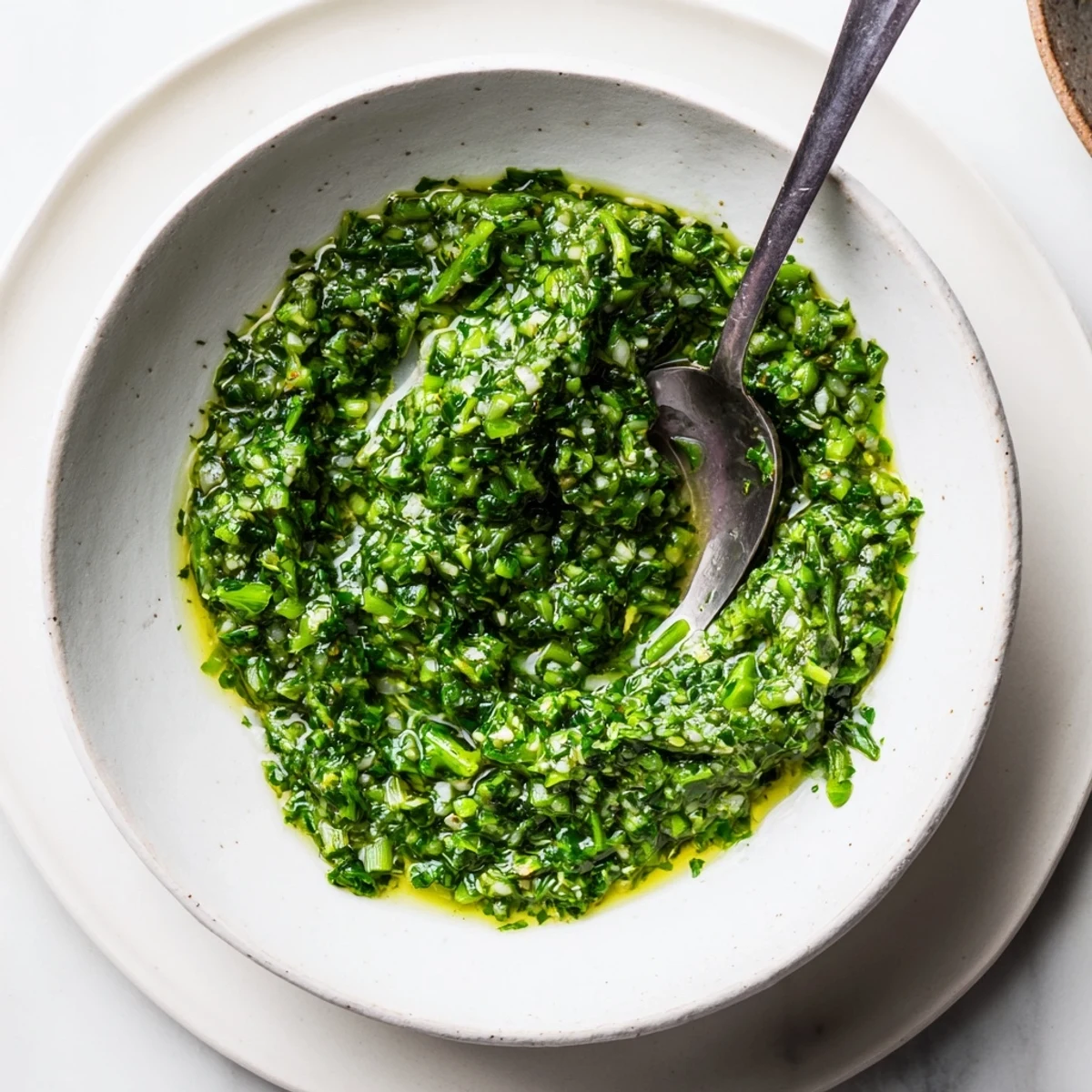 Thick, herbaceous garlic scape chimichurri sauce in glass serving bowl with fresh parsley visible throughout