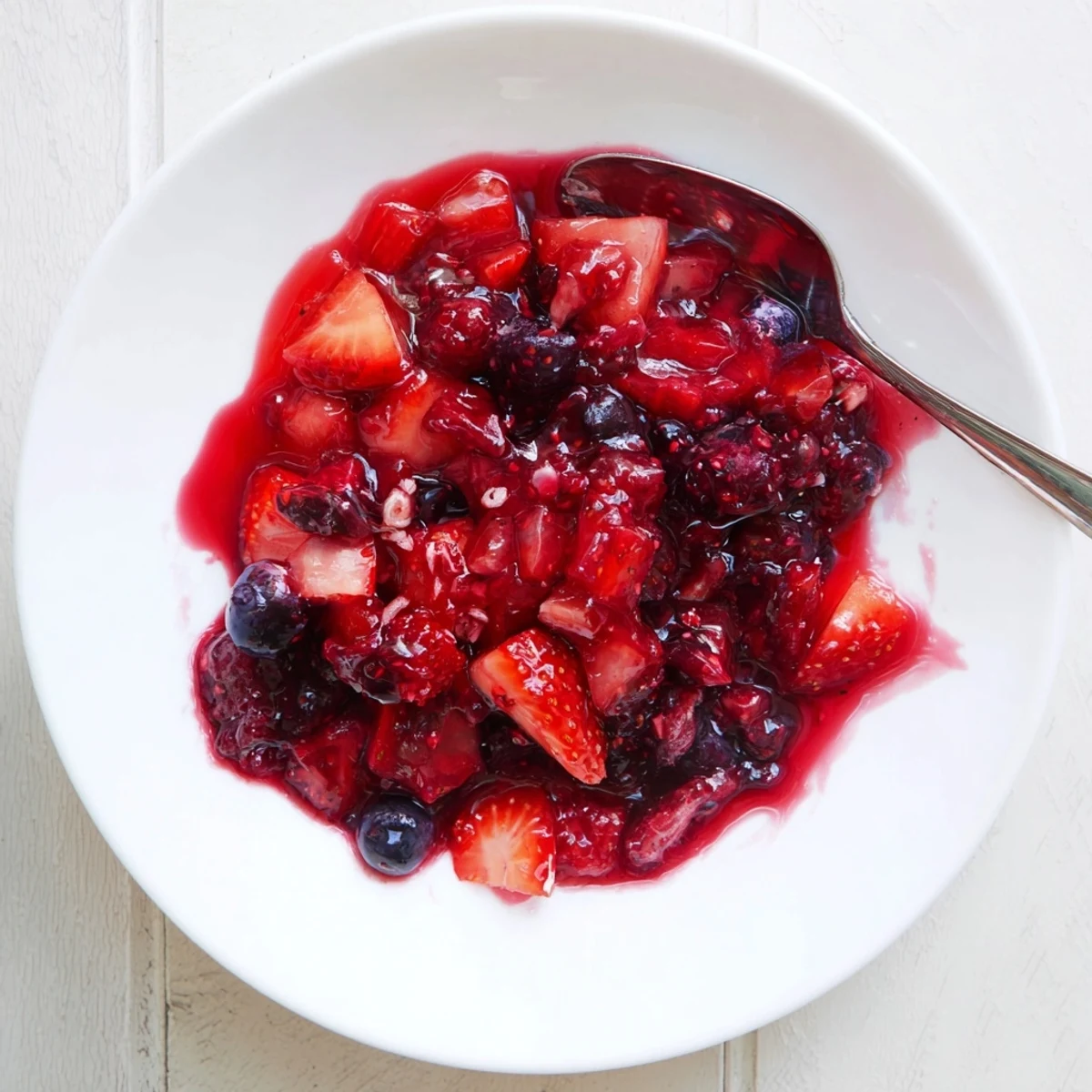 Vibrant red strawberry rhubarb raspberry jam with berry twist swirling into creamy yogurt bowl