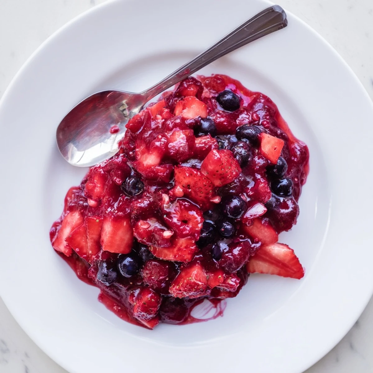 Homemade strawberry rhubarb raspberry jam with berry twist glistening in glass canning jars