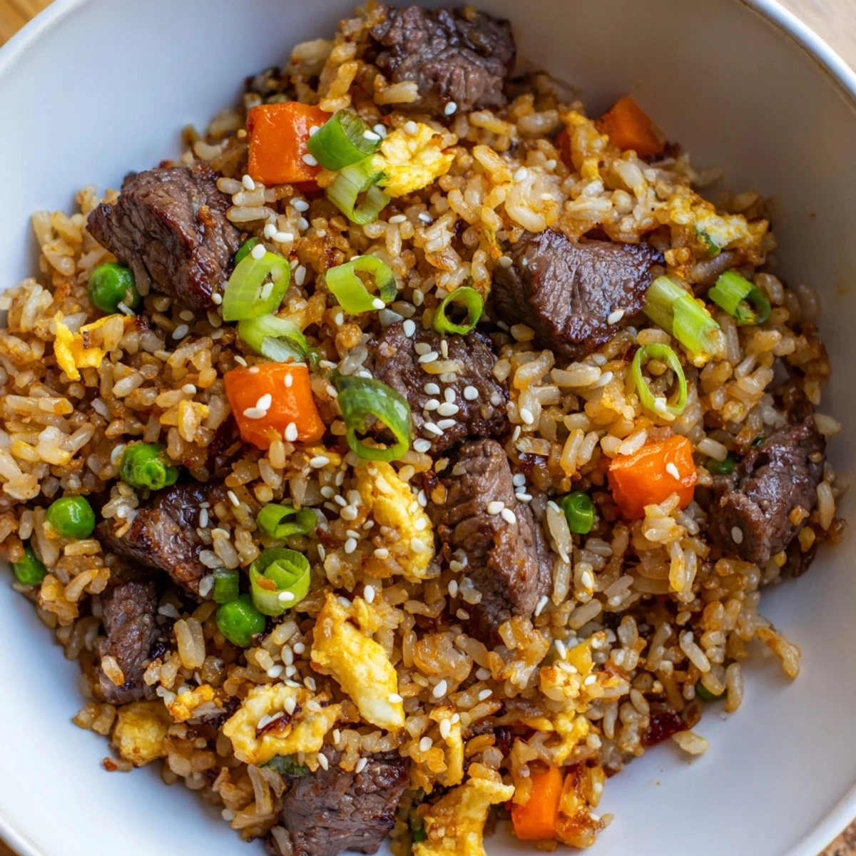 Sizzling Blackstone hibachi steak fried rice loaded with tender beef, colorful vegetables, and fluffy scrambled eggs on a griddle