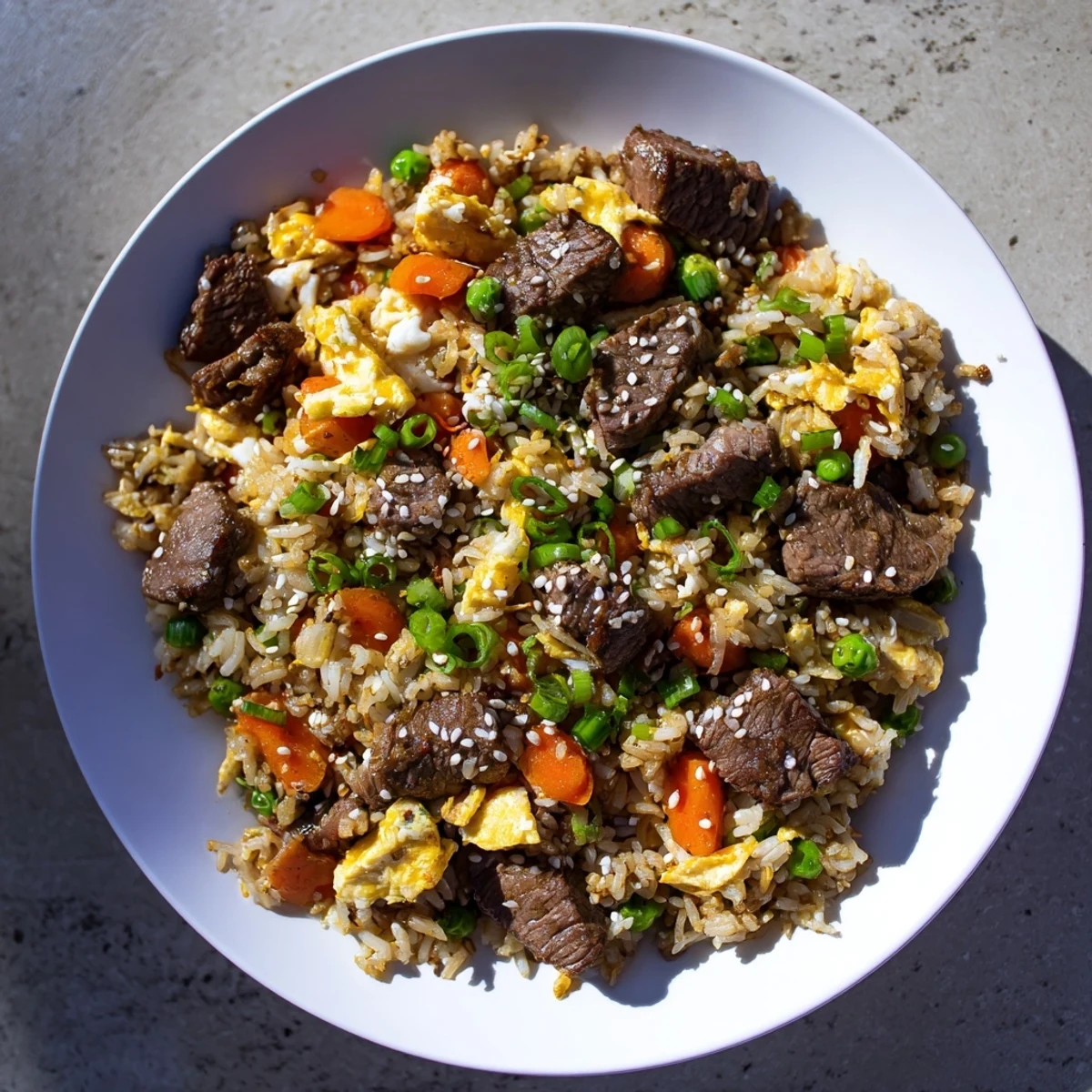 Garden fresh fried rice with juicy seared steak pieces, vibrant veggies, and buttery soy sauce glaze on flat top grill