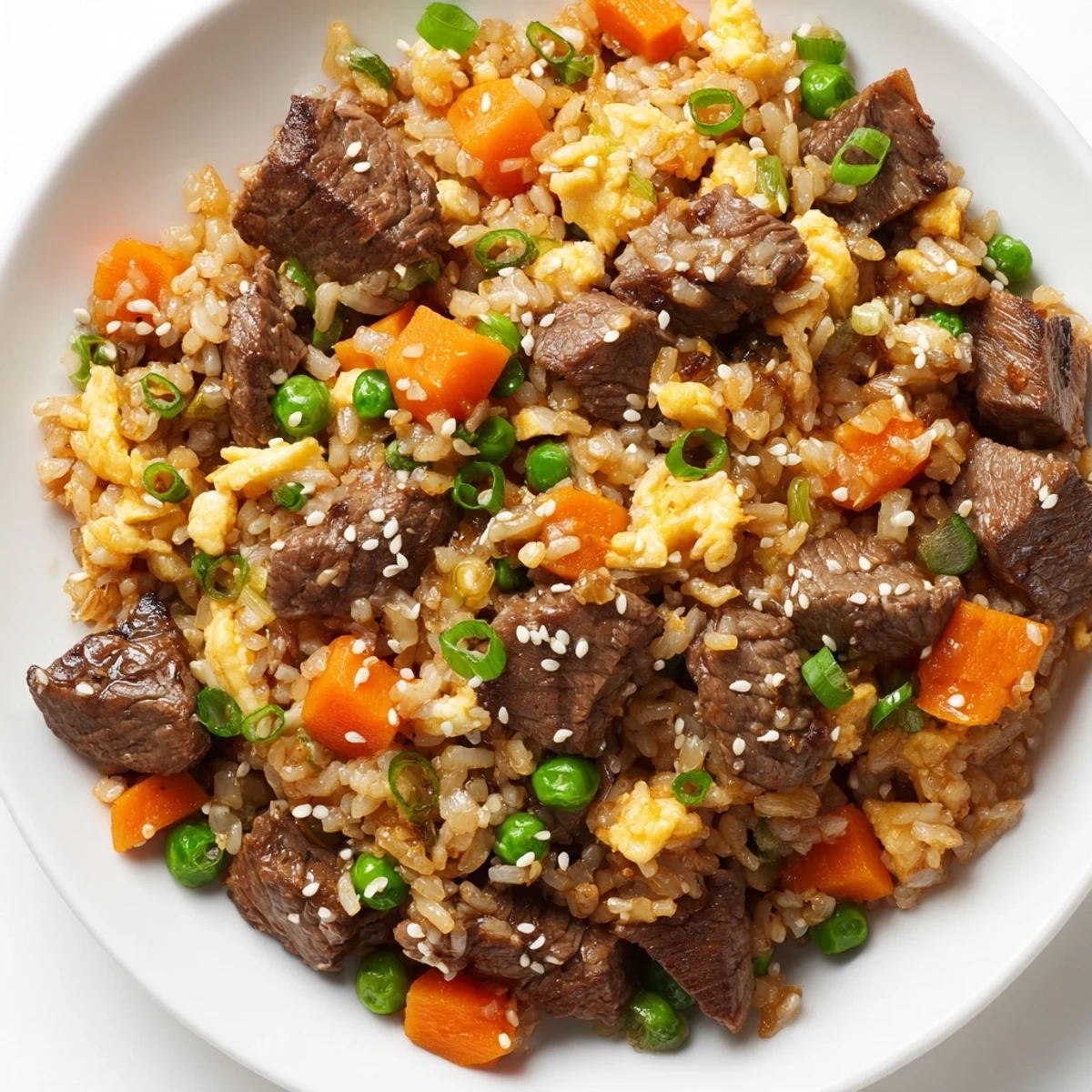 Japanese-style steak fried rice featuring marinated sirloin cubes, crisp peas, carrots, and aromatic sesame flavors served hot