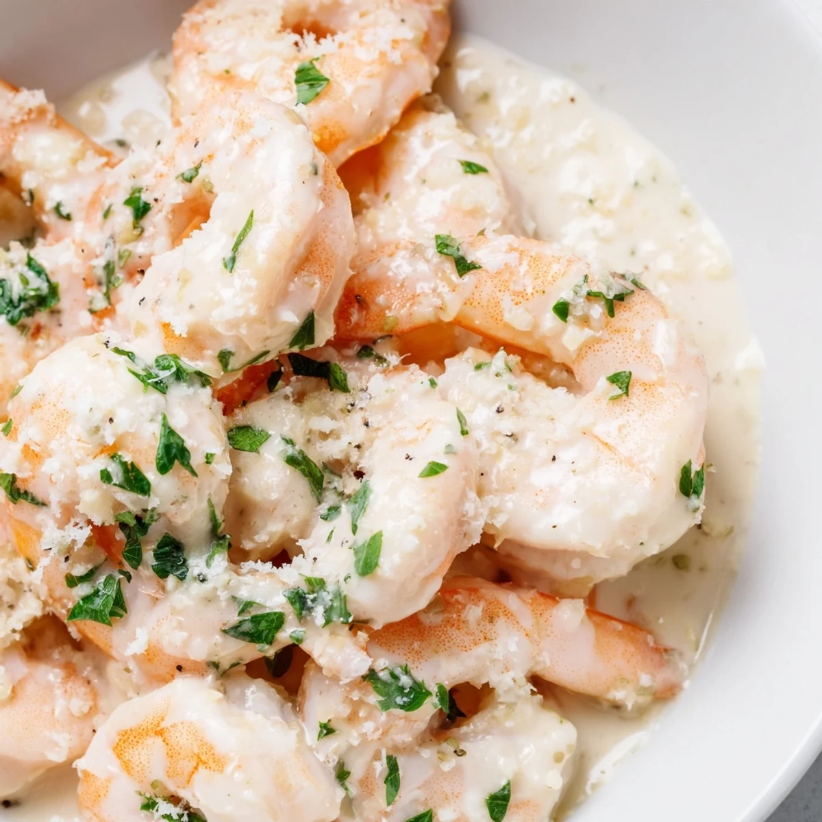 Golden pan-seared shrimp swimming in a rich, velvety garlic cream sauce with fresh parsley garnish